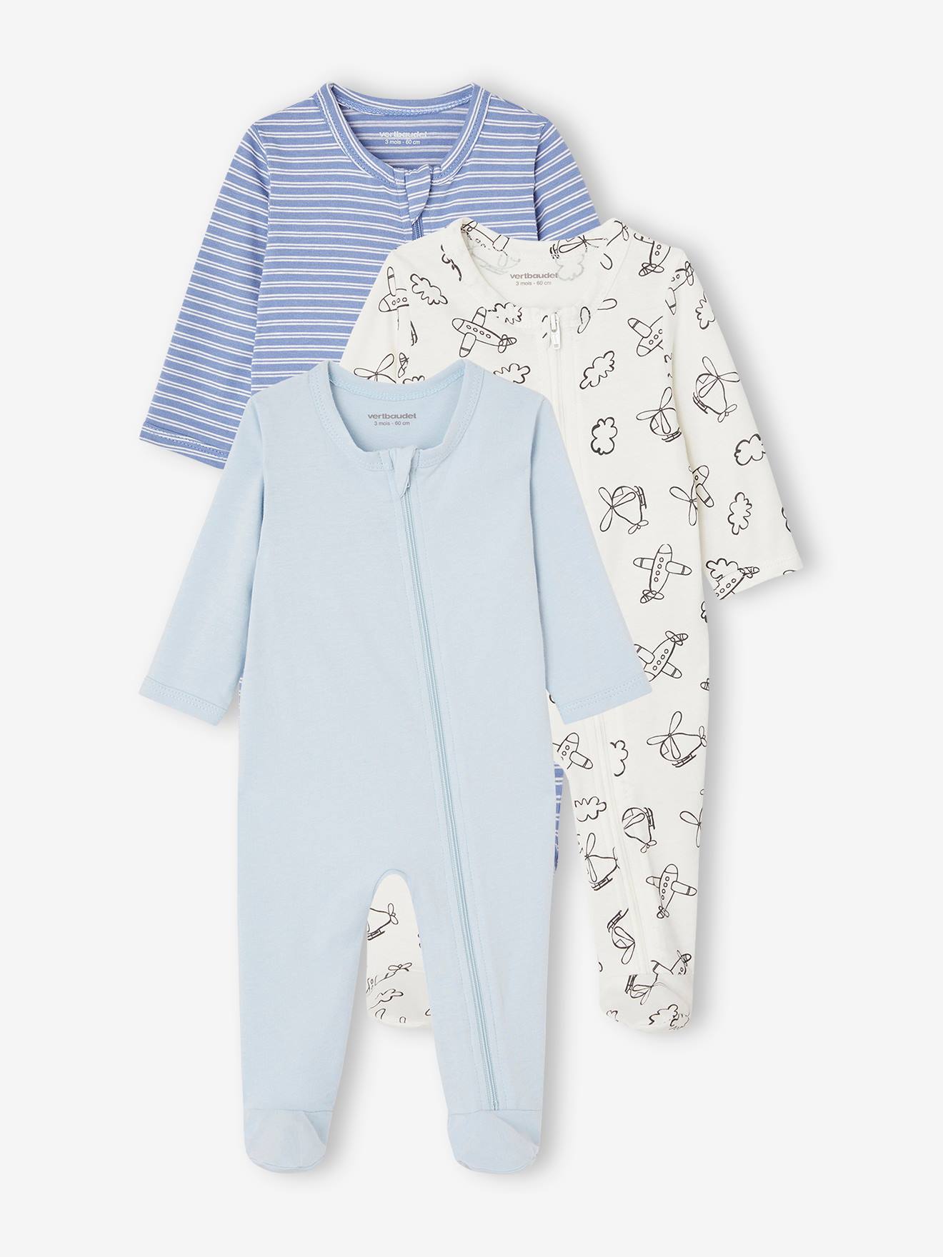 Pack of 3 BASICS Jersey Knit Sleepsuits with Zip Fastening, for Babies chambray blue