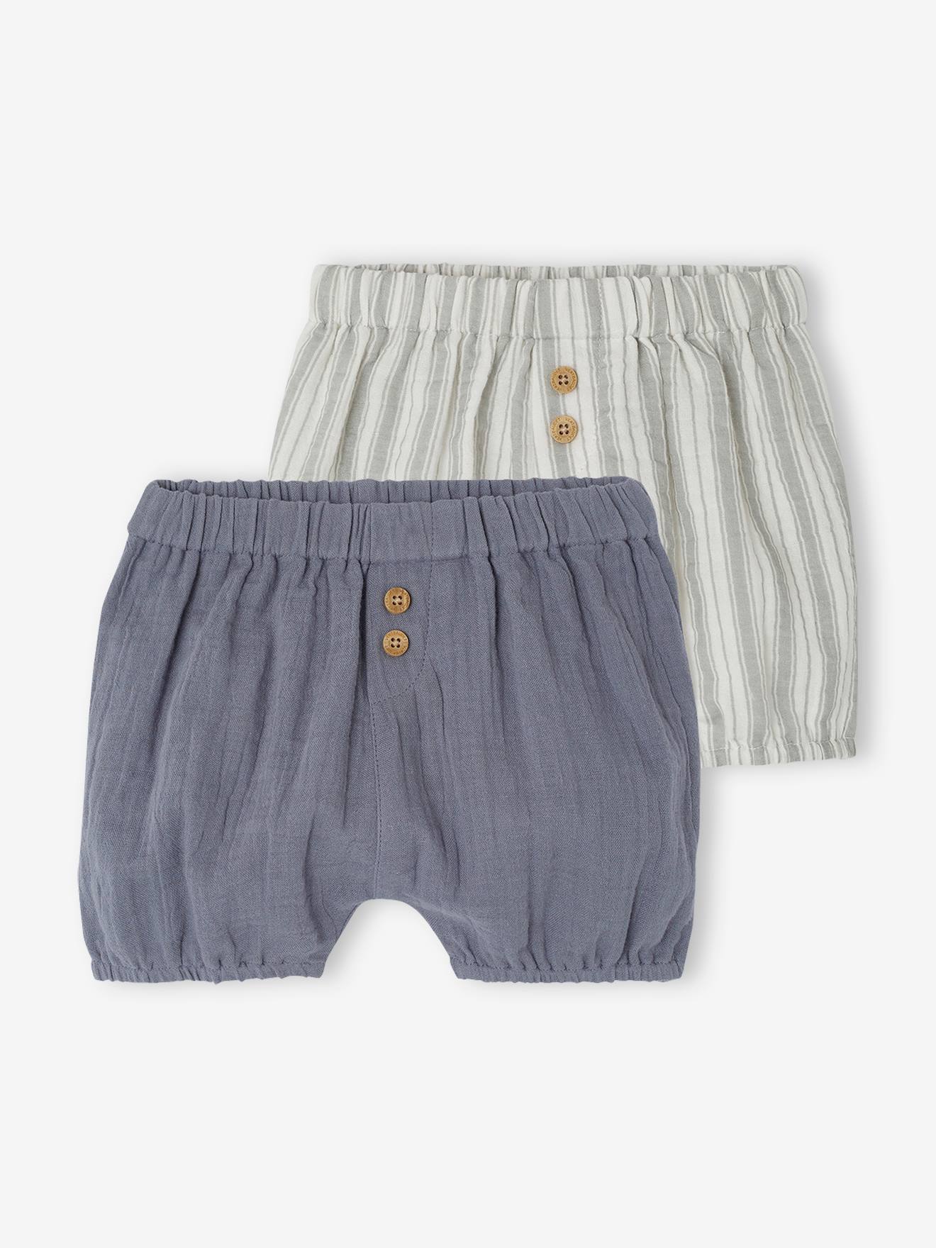 Pack of 2 Cotton Gauze Shorts for Babies grey blue