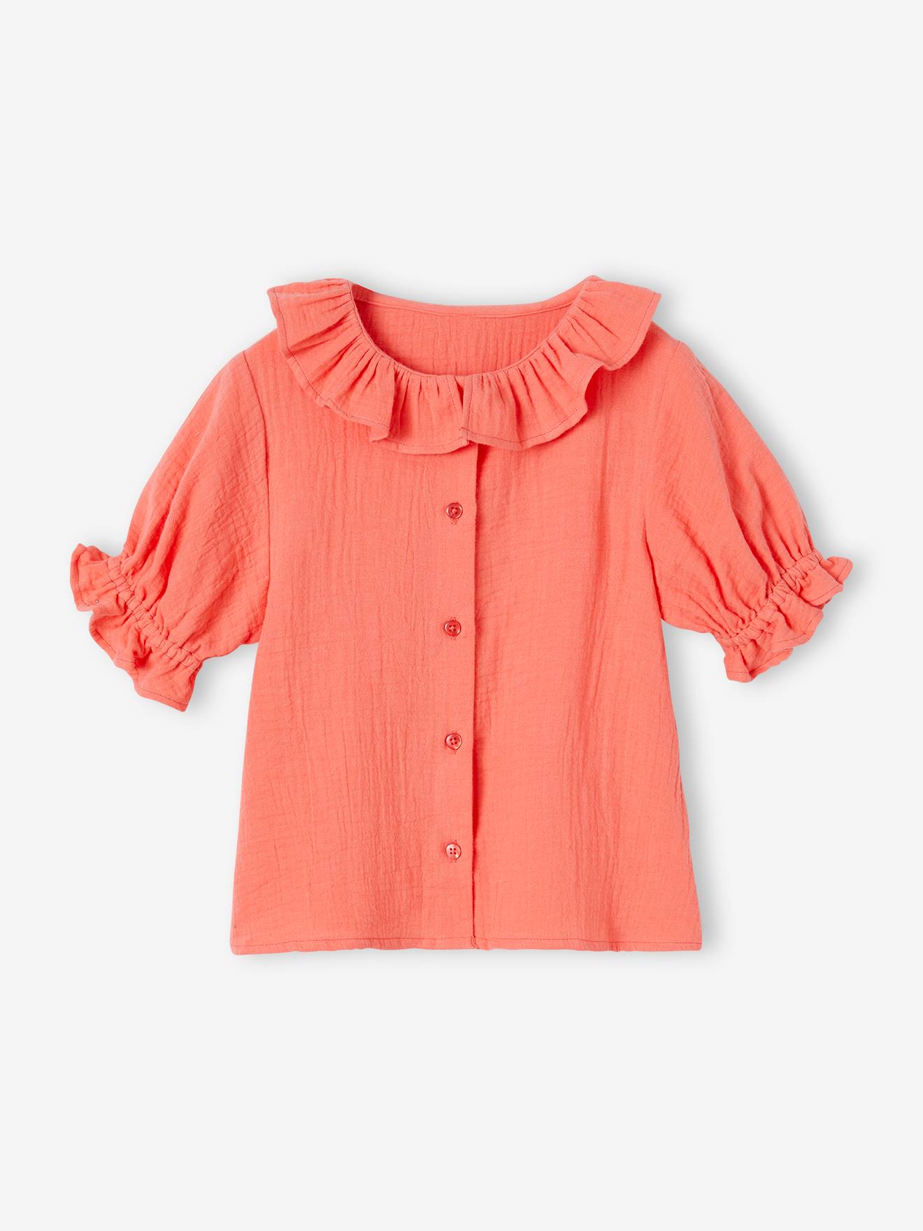 Blouse in Cotton Gauze with Frilled Collar, for Girls coral
