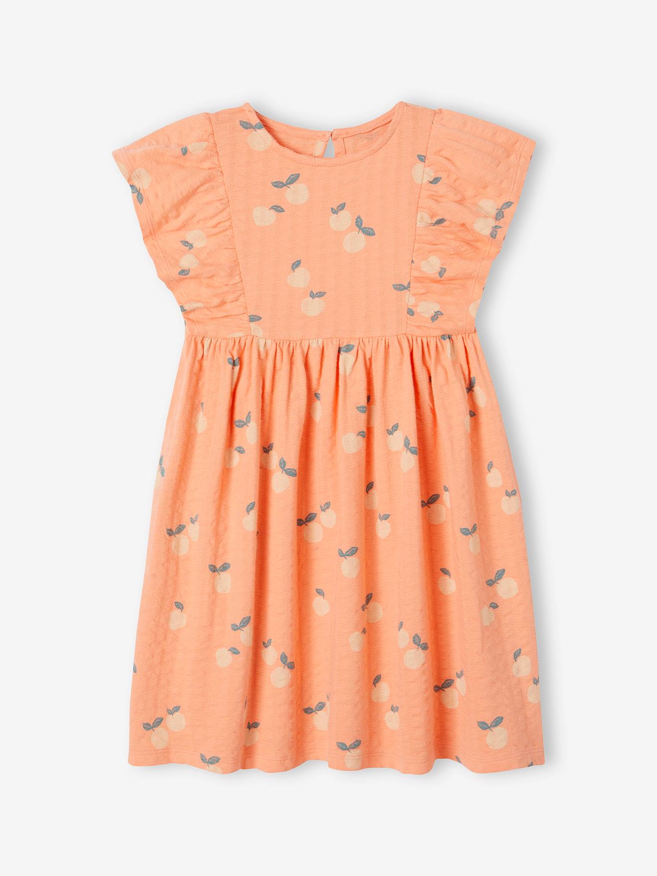 Floral Dress in Jersey Knit with Relief, for Girls tangerine