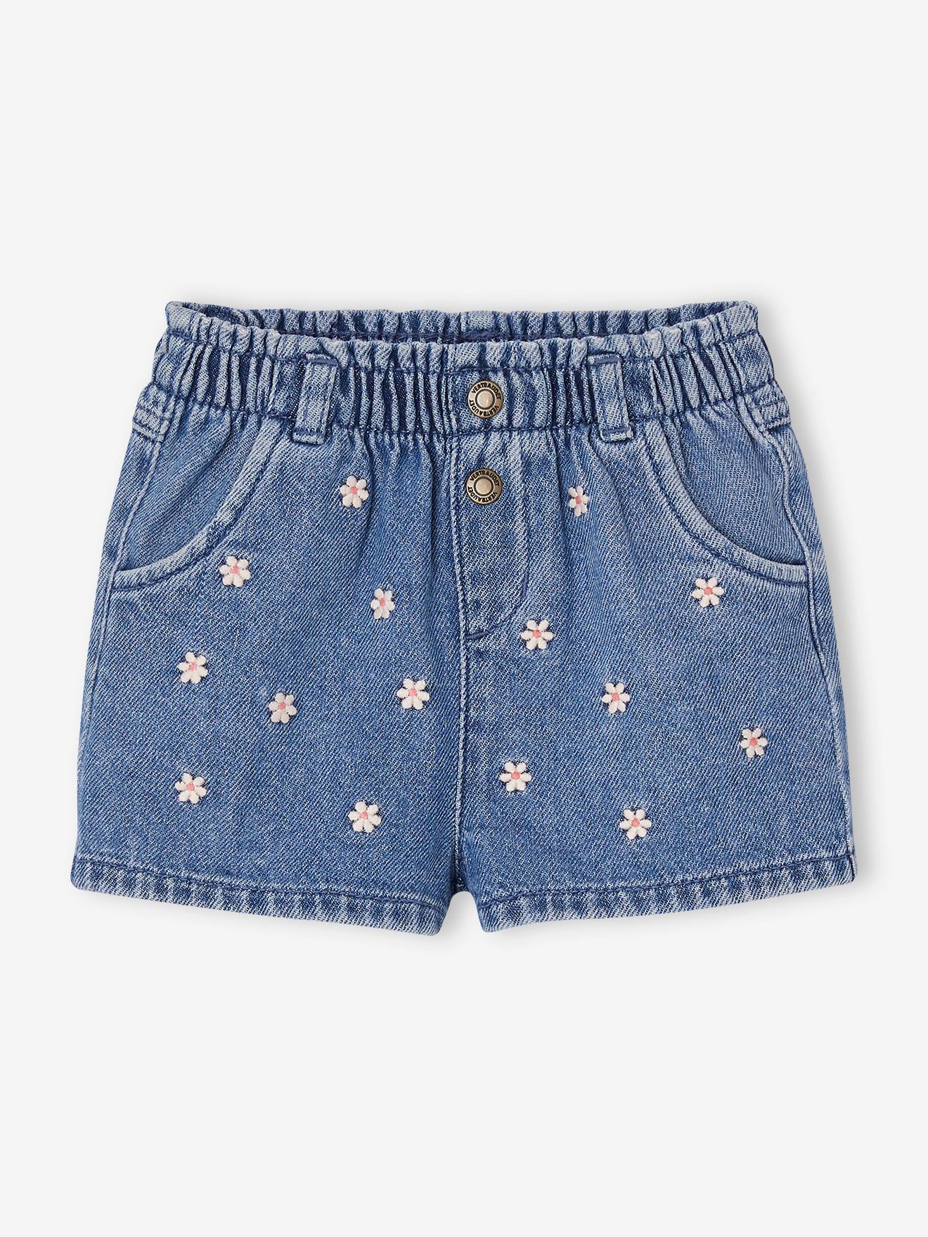 Denim Shorts with Embroidered Daisies, for Babies stone