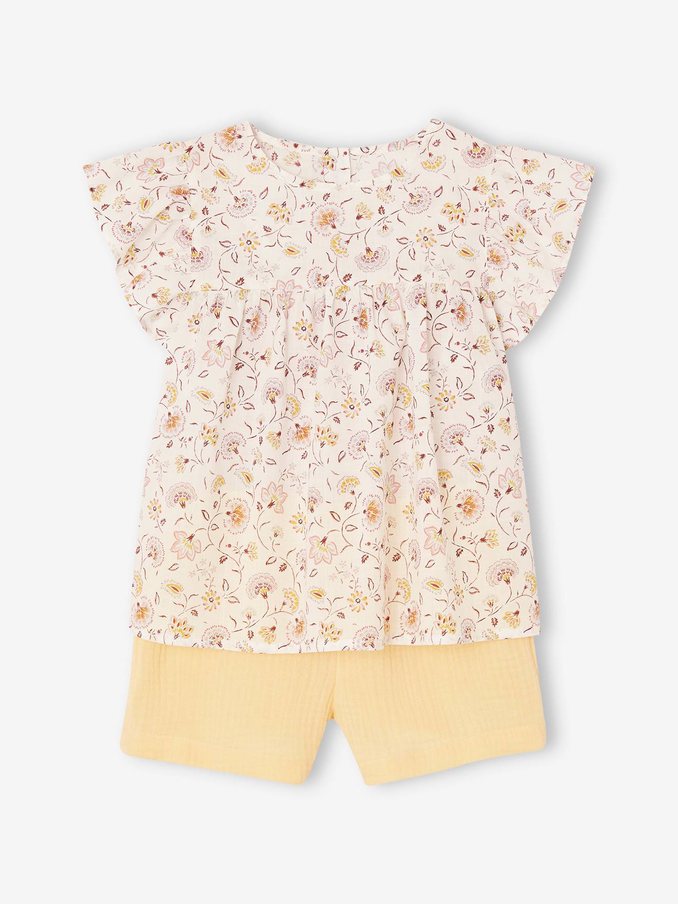 Blouse with Flowers & Cotton Gauze Shorts Combo