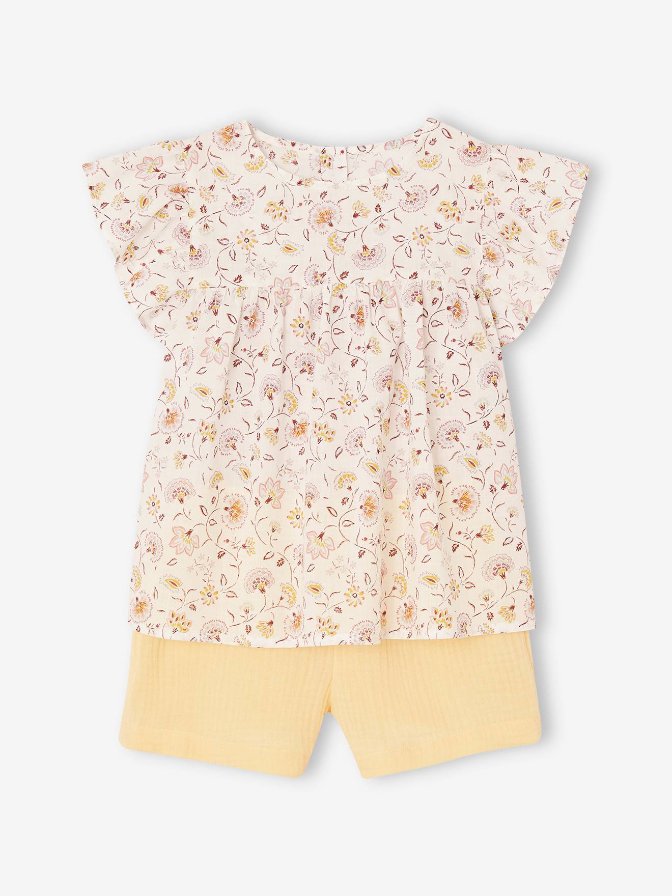 Blouse with Flowers & Cotton Gauze Shorts Combo for Girls pastel yellow
