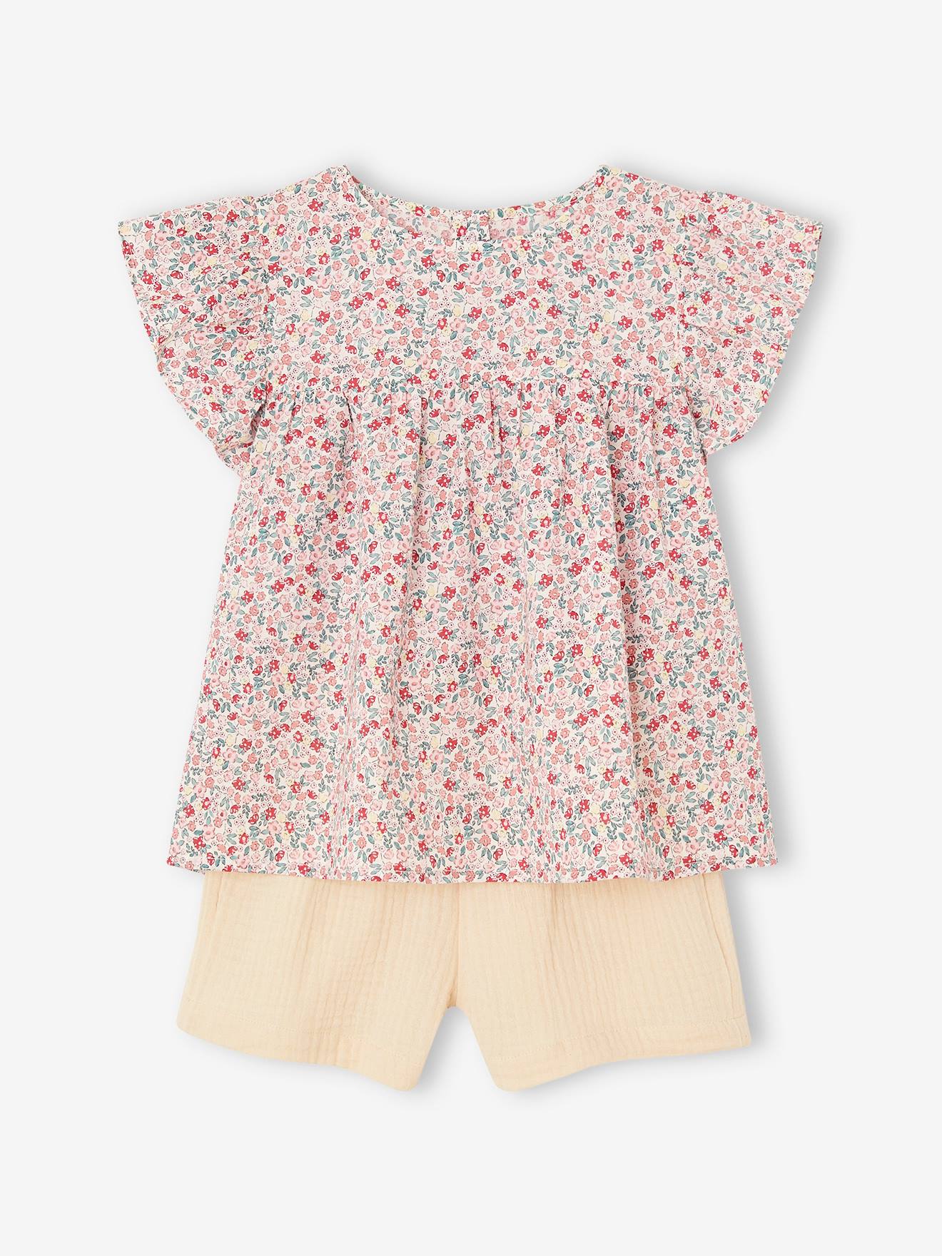 Blouse with Flowers & Cotton Gauze Shorts Combo