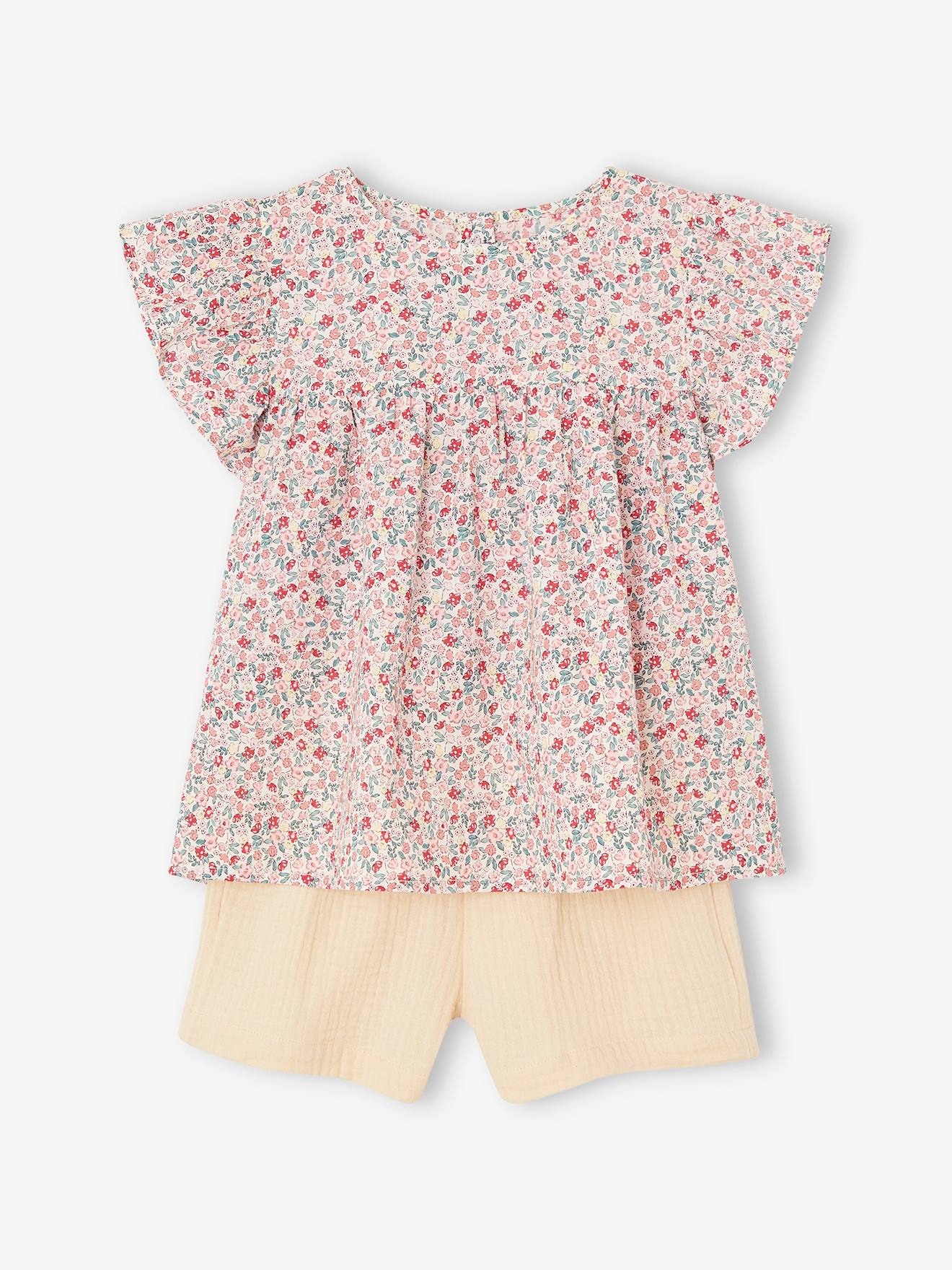 Blouse with Flowers & Cotton Gauze Shorts Combo for Girls vanilla