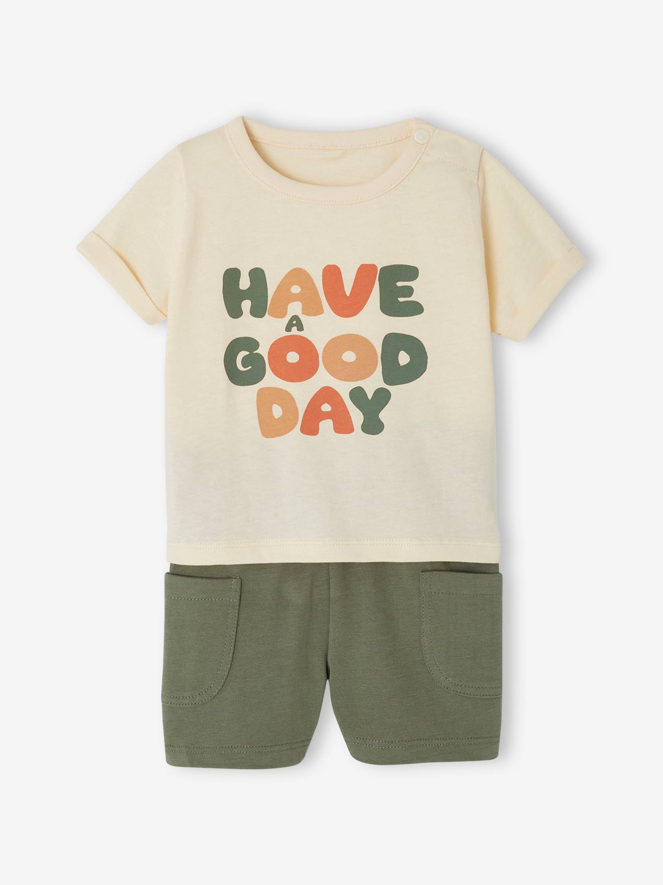 T-Shirt with Motif + Baggy Shorts Combo for Babies khaki