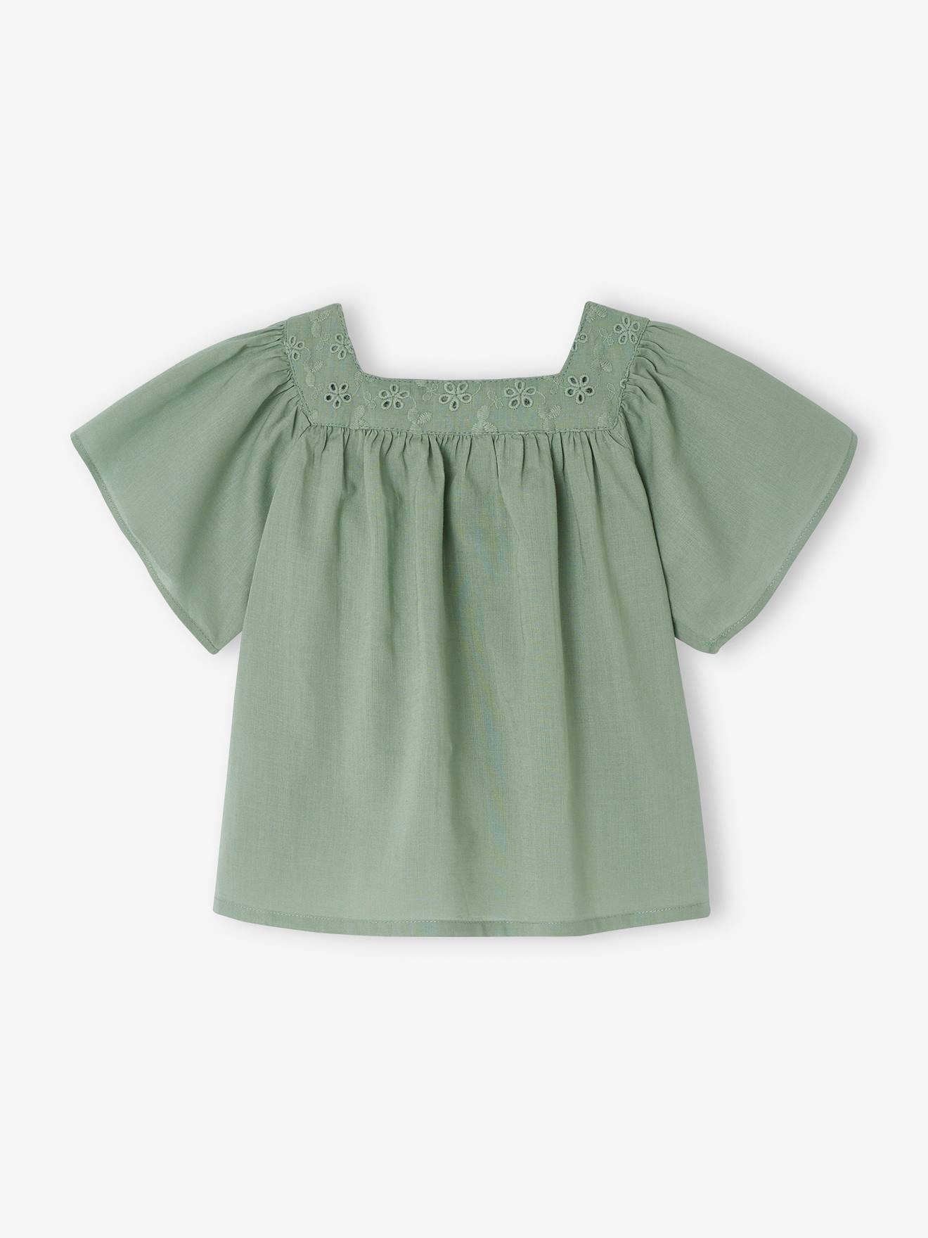 Blouse with Square Neckline, in Broderie Anglaise, for Babies sage green