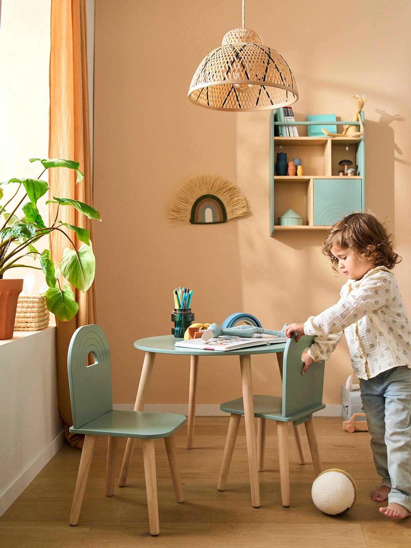 Wooden Chairs Table Set Rainbow sage green Toys Vertbaudet