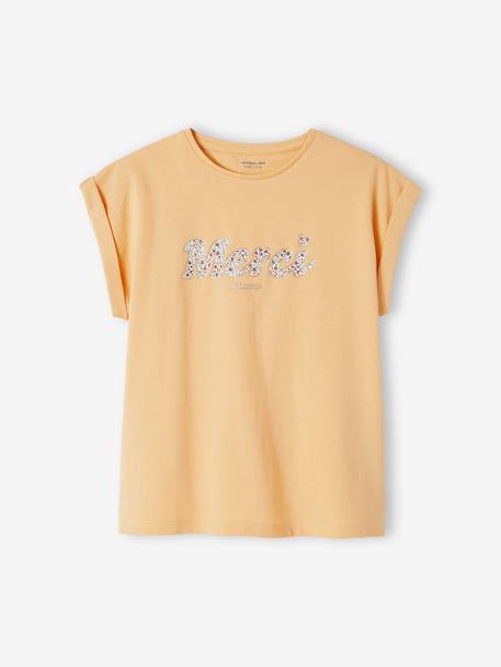 T-Shirt with Message in Flower Motifs for Girls coral+ecru+pale yellow+sky blue 