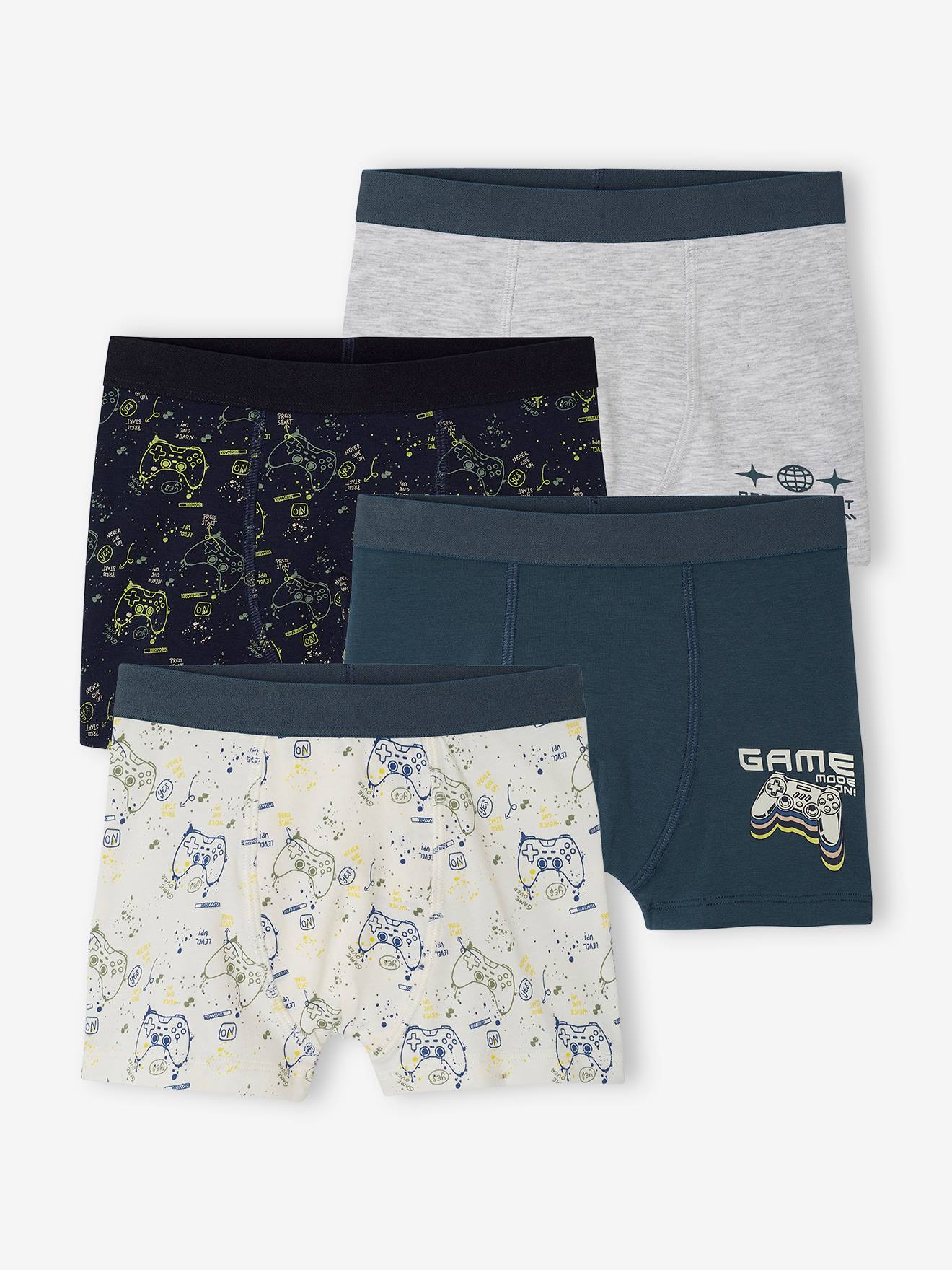 Pack of 4 "Gamer" Stretch Boxers in Organic Cotton for Boys ink blue