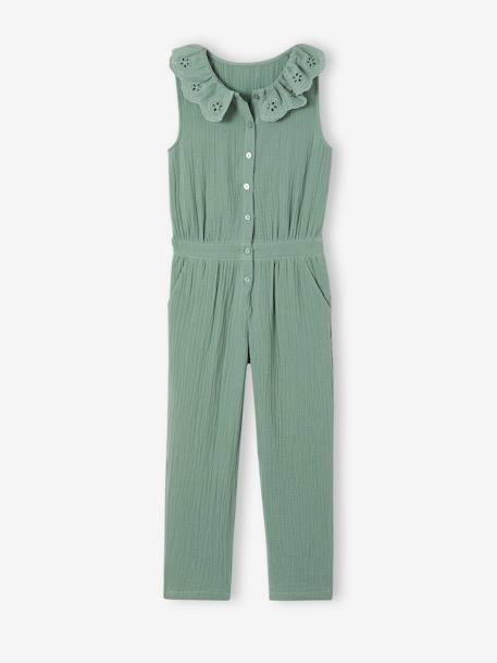 Cotton Gauze Jumpsuit for Babies, Broderie Anglaise Collar, for Girls pale pink+sage green 
