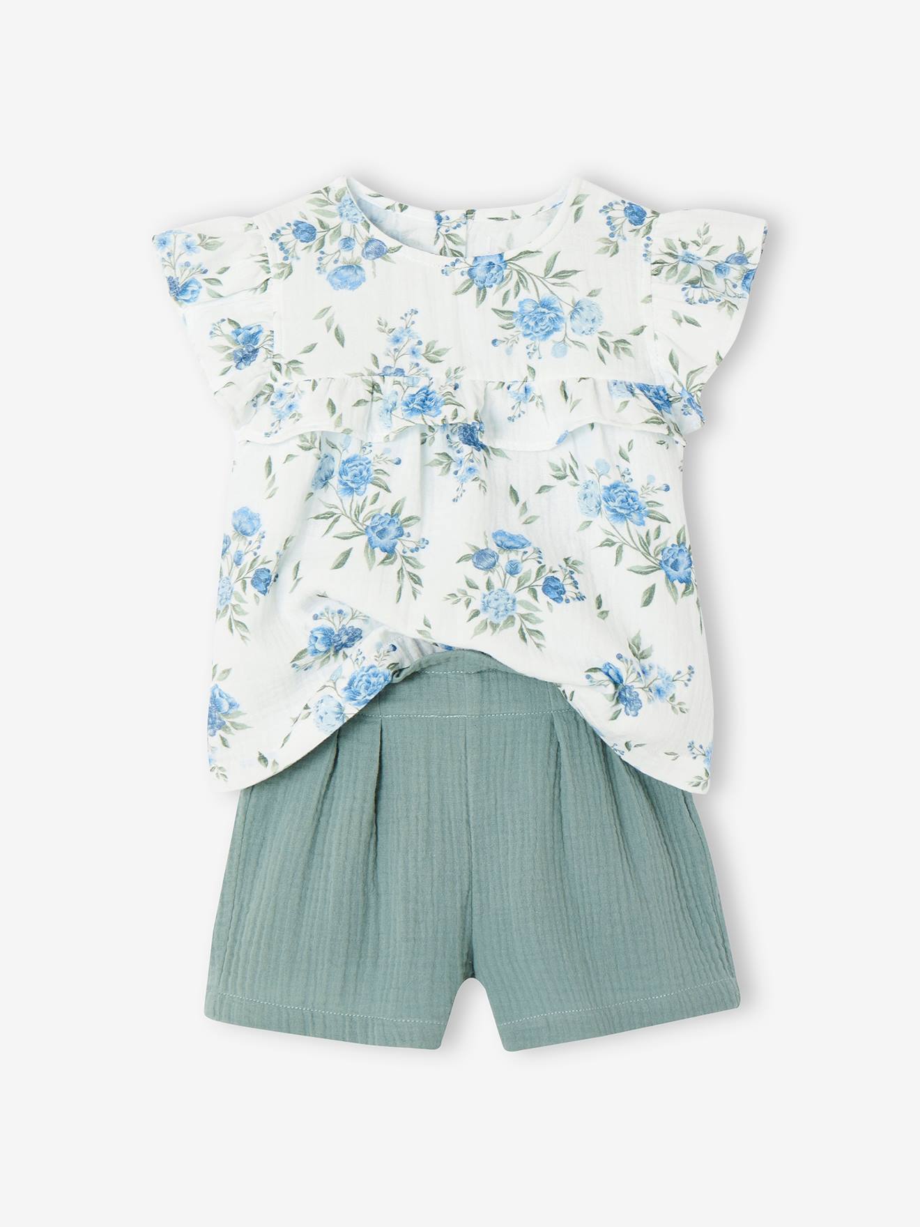 Occasion Wear Outfit: Blouse with Ruffles & Shorts in Cotton Gauze, for Girls printed blue