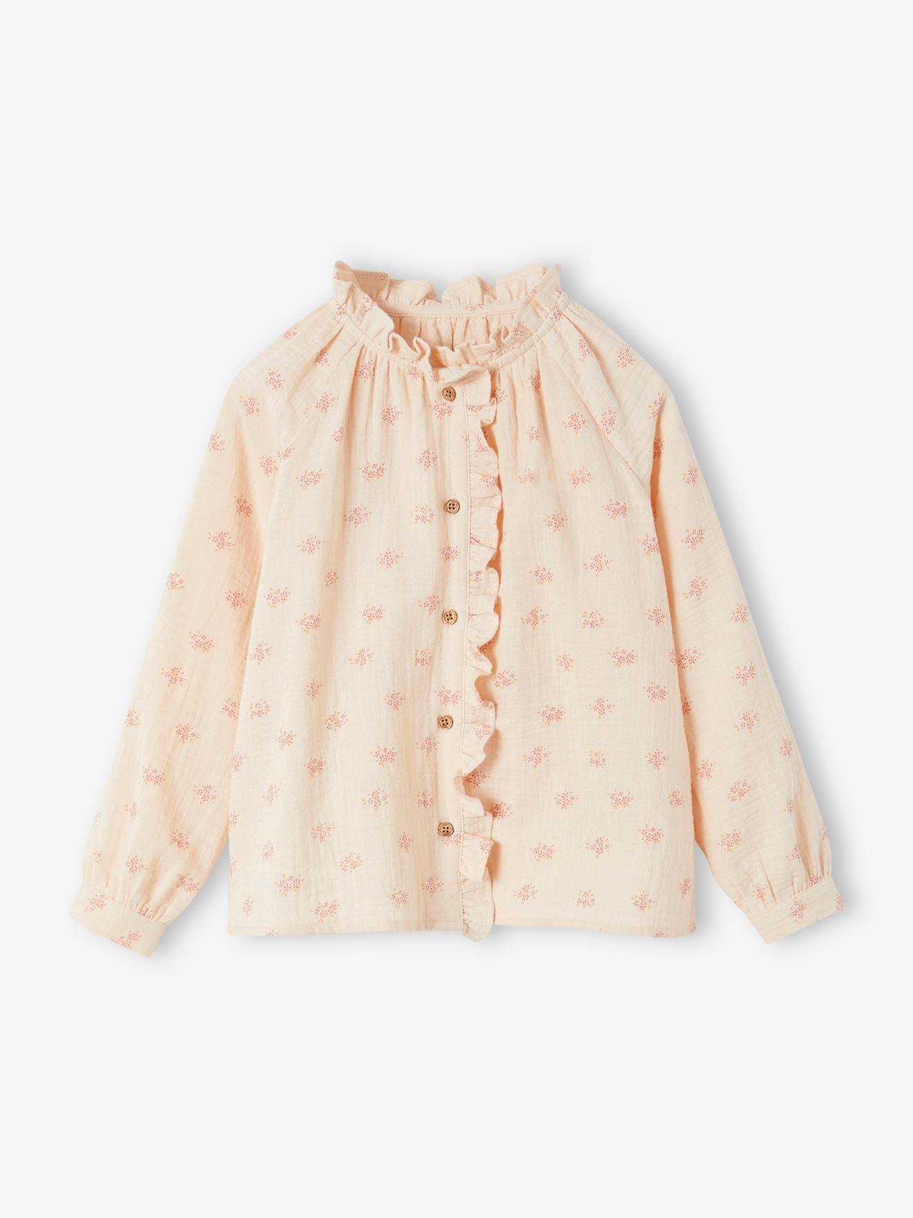 Blouse in Cotton Gauze with Ruffles & Floral Print, for Girls pale pink