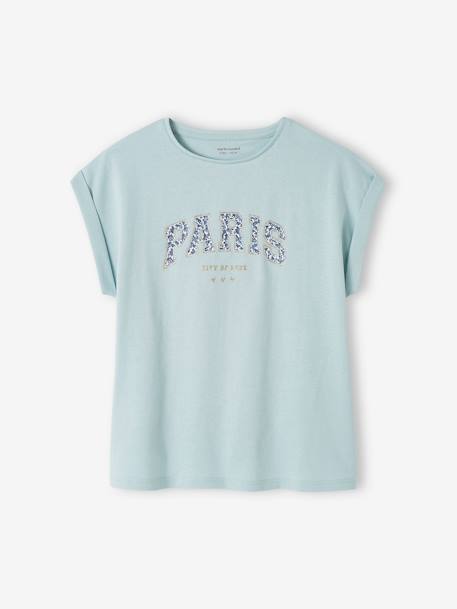 T-Shirt with Message in Flower Motifs for Girls coral+ecru+pale yellow+sky blue 