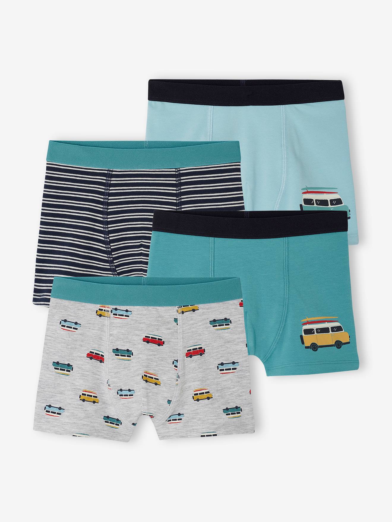 Pack of 4 "Van" Stretch Boxers in Organic Cotton for Boys aqua green
