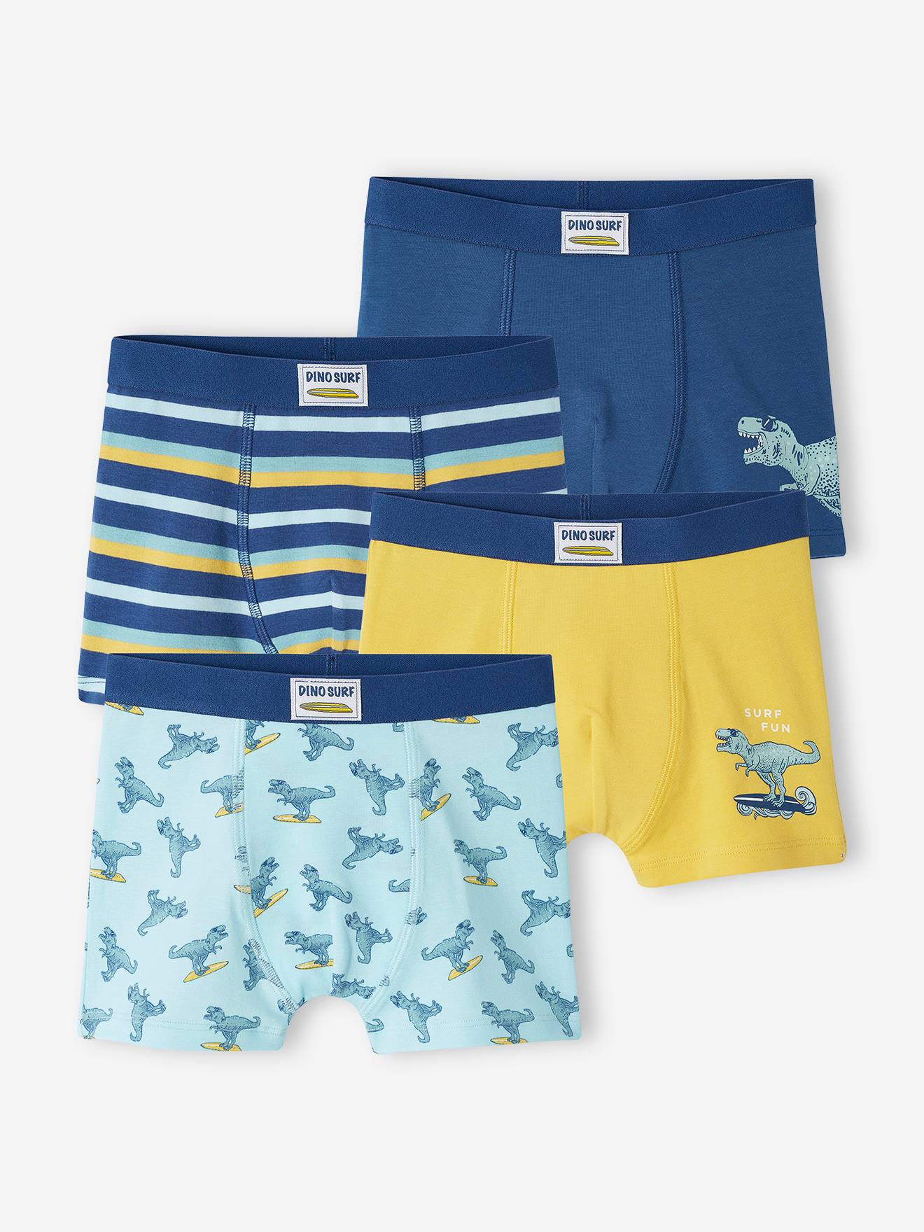 Pack of 4 "Dino Surf" Stretch Boxers in Organic Cotton for Boys yellow