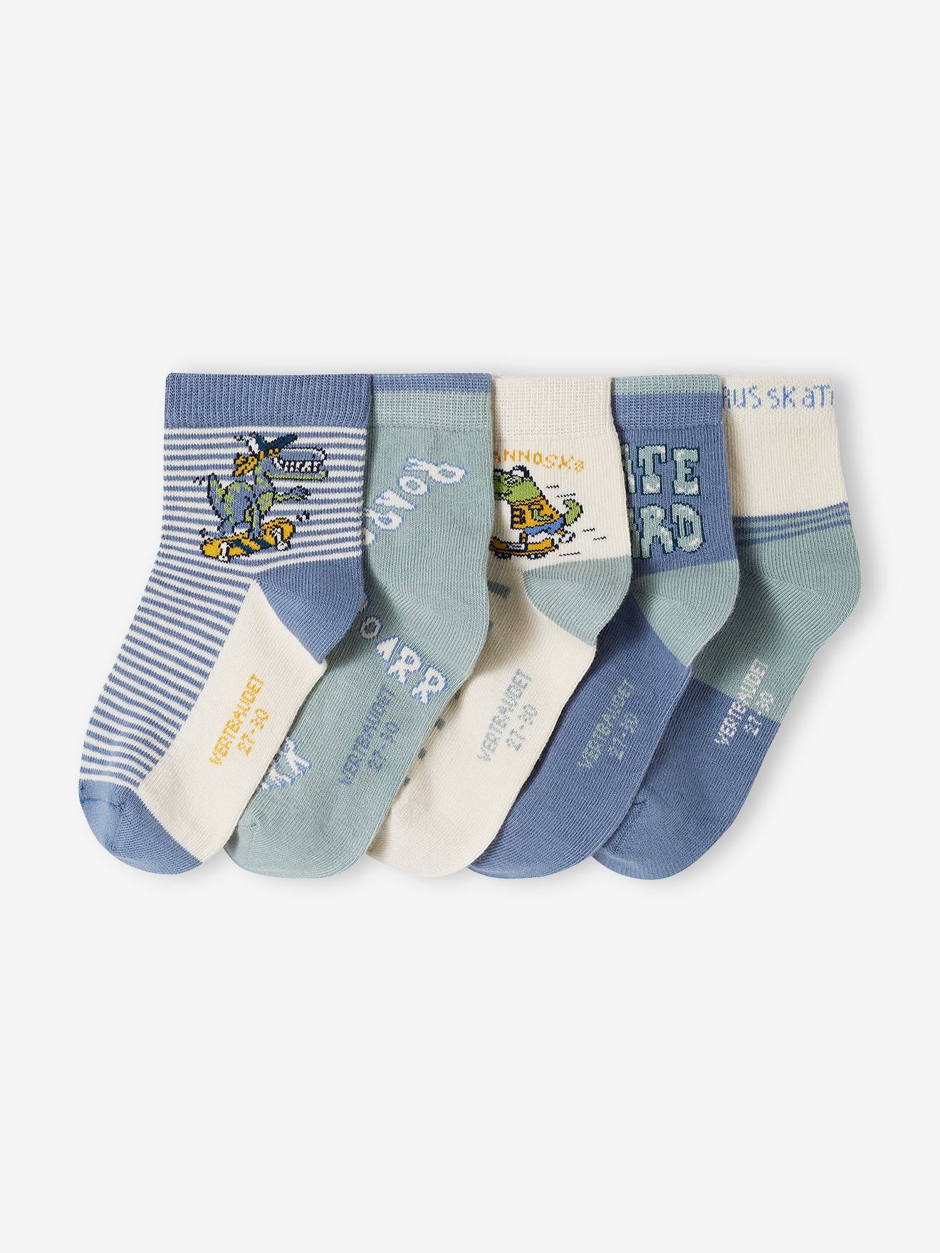 Pack of 5 Pairs of "Tyrannoskate" Socks for Boys aqua green
