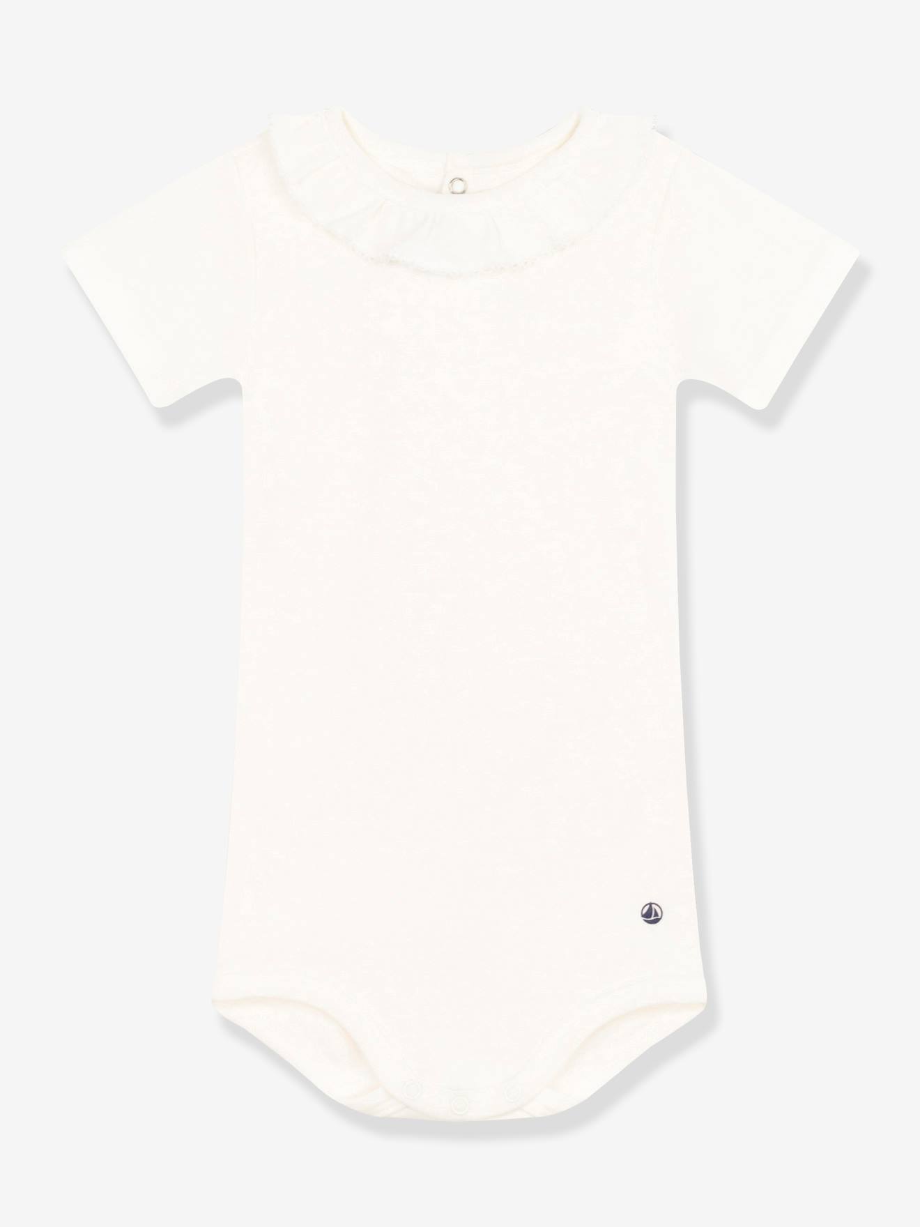 Short Sleeve Bodysuit with Collar, by PETIT BATEAU white