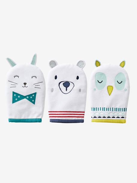 Pack Of 3 Bath Gloves Animals White Bedding Decor Vertbaudet