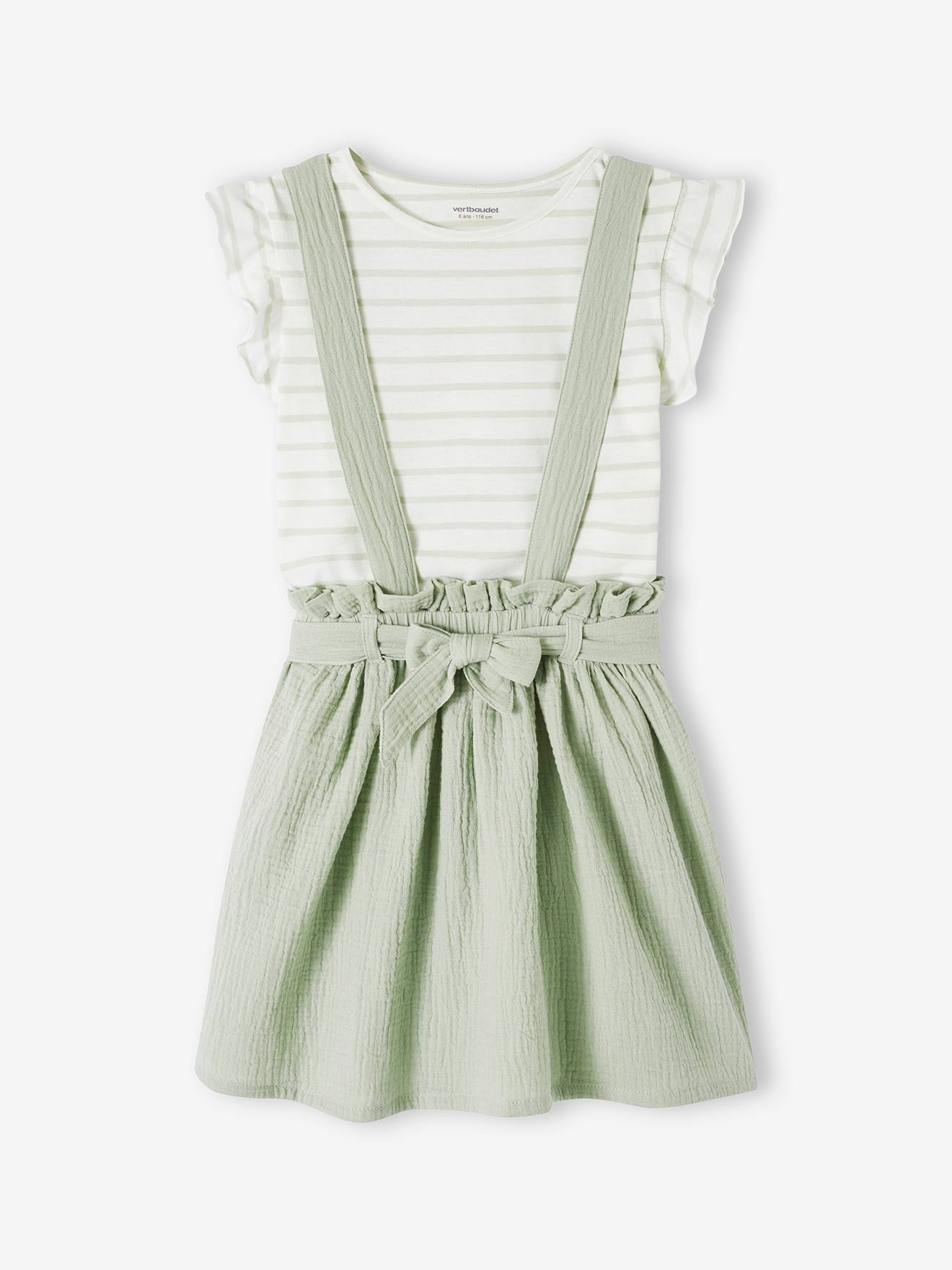 Striped T-Shirt + Cotton Gauze Skirt Outfit, for Girls sage green