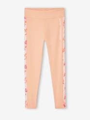 Girls-Sportswear-Sports Leggings in Techno Fabric with Flower Motifs on Side Stripes for Girls