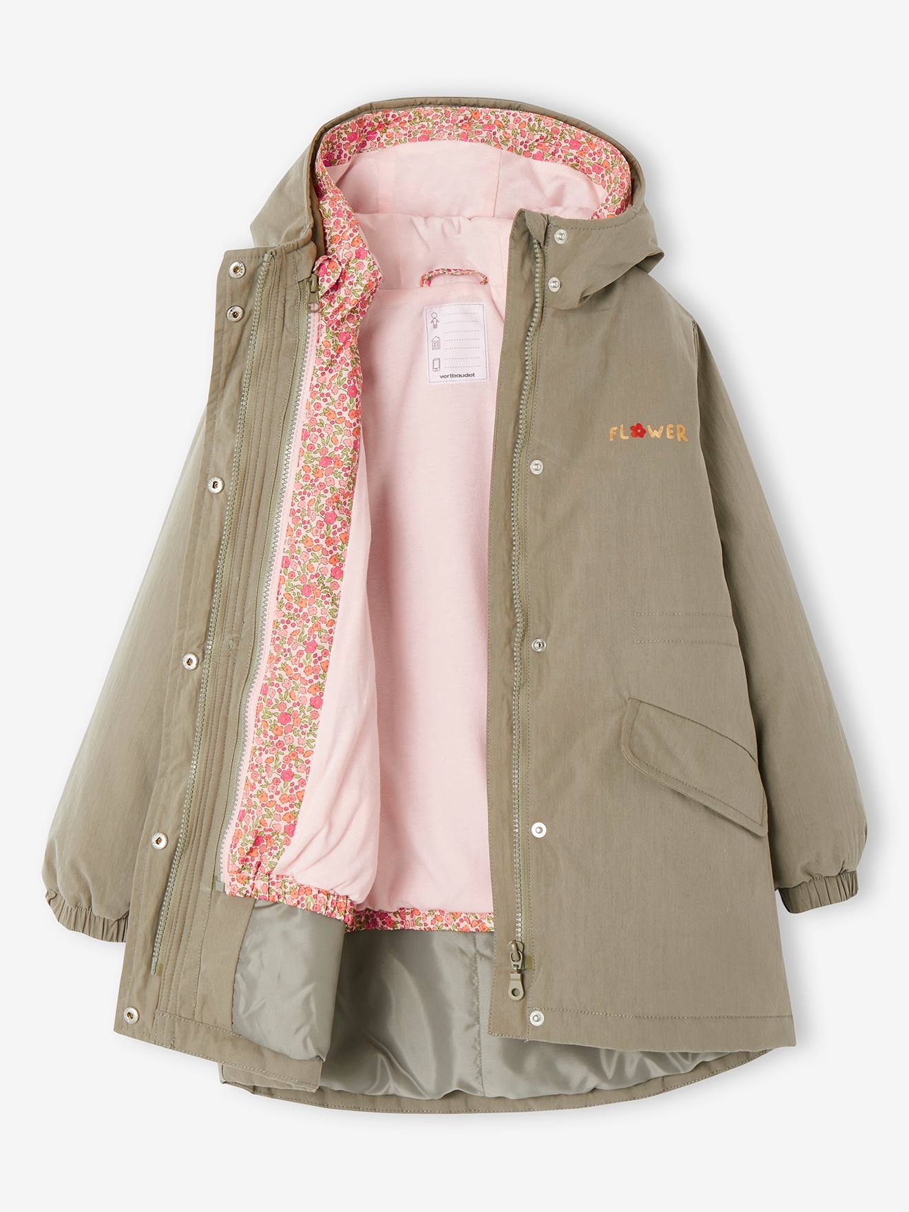 3-in-1 Hooded Parks & Floral Removable Windcheater for Girls khaki