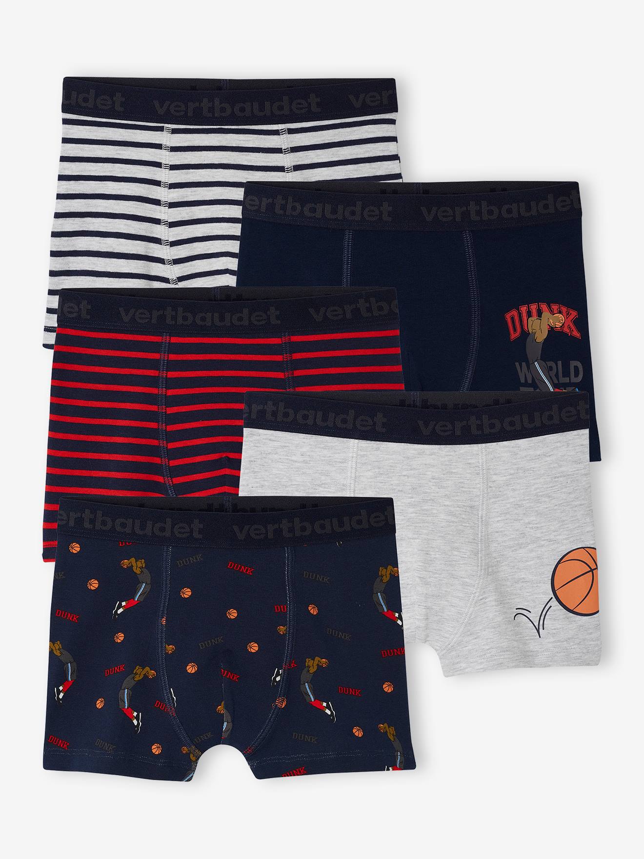 Pack of 5 "Basketball" Stretch Boxers in Organic Cotton for Boys marl grey