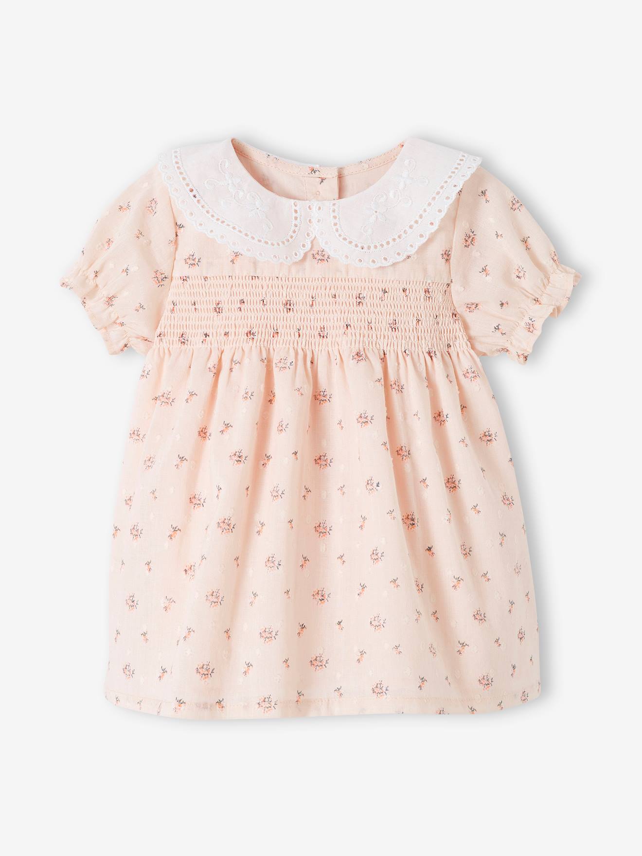 Smocked Dress with Broderie Anglaise Collar for Newborn Babies pale pink