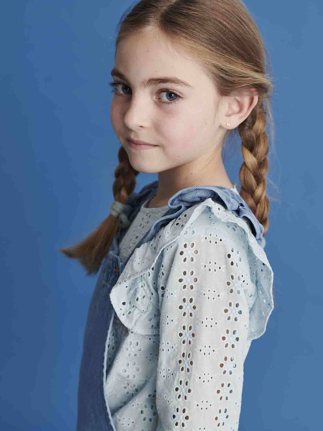 Blouse with Ruffles in Broderie Anglaise, for Girls sky blue