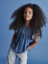 Girls-Light Denim Blouse with Short Ruffled Sleeves for Girls