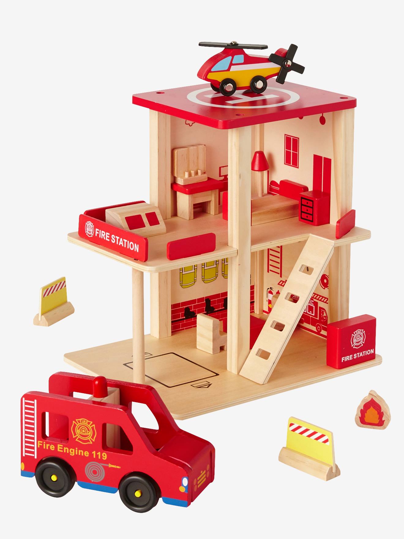 Wooden Fire Station Accessories Red Medium Solid With Desig Wooden Fire Station Accessories Red Medium Solid With Desig Toys Vertbaudet