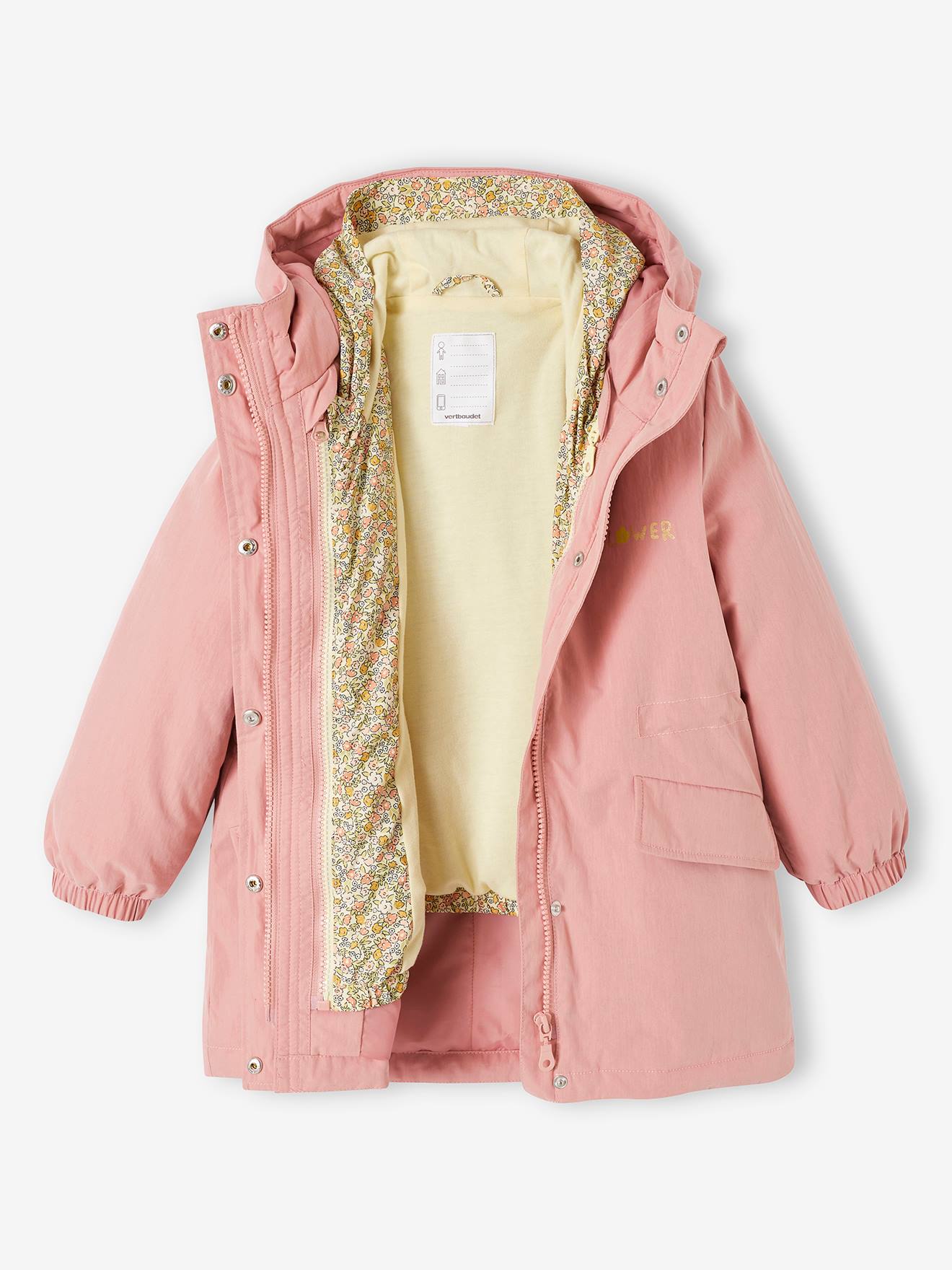 3-in-1 Hooded Parks & Floral Removable Windcheater for Girls rose