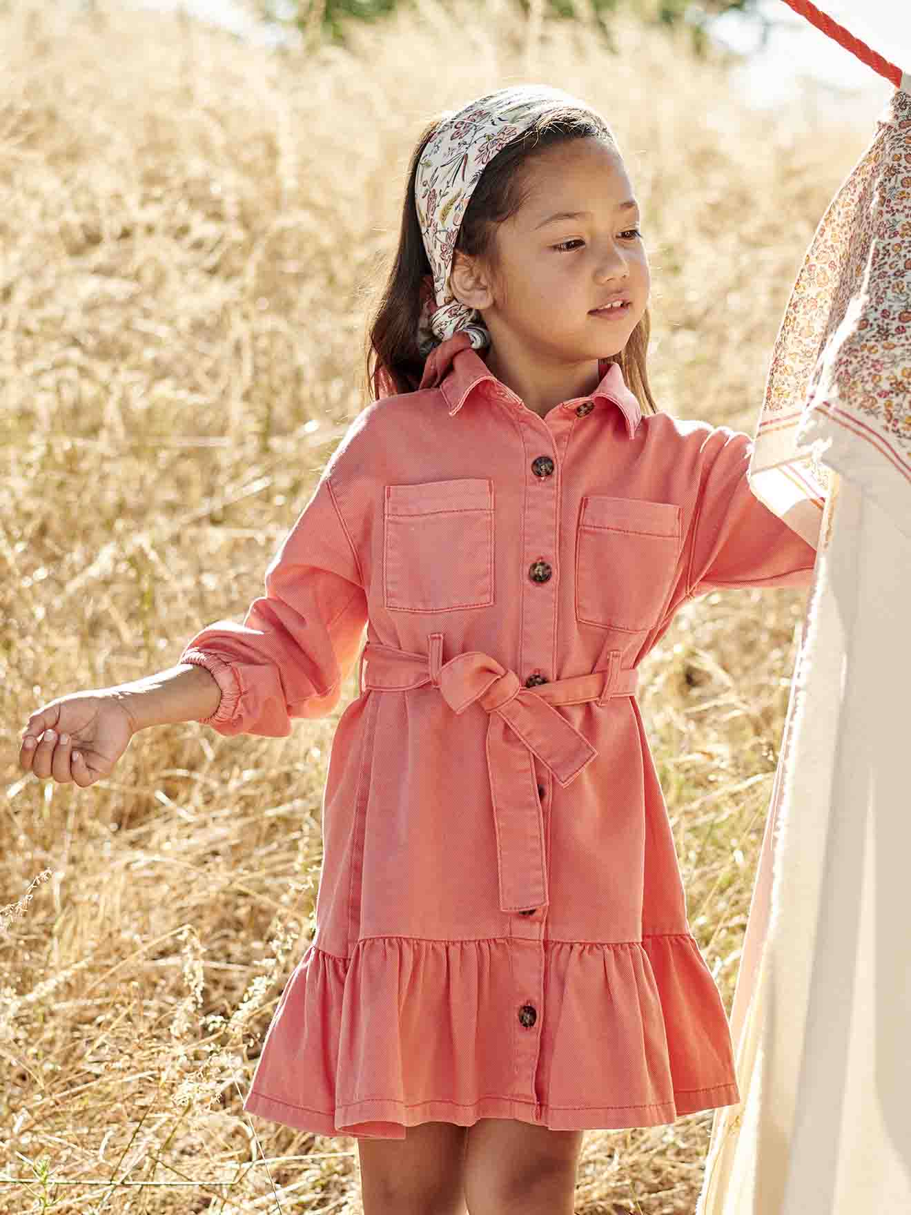 Shirt Dress with Ruffles for Girls coral Girls Vertbaudet