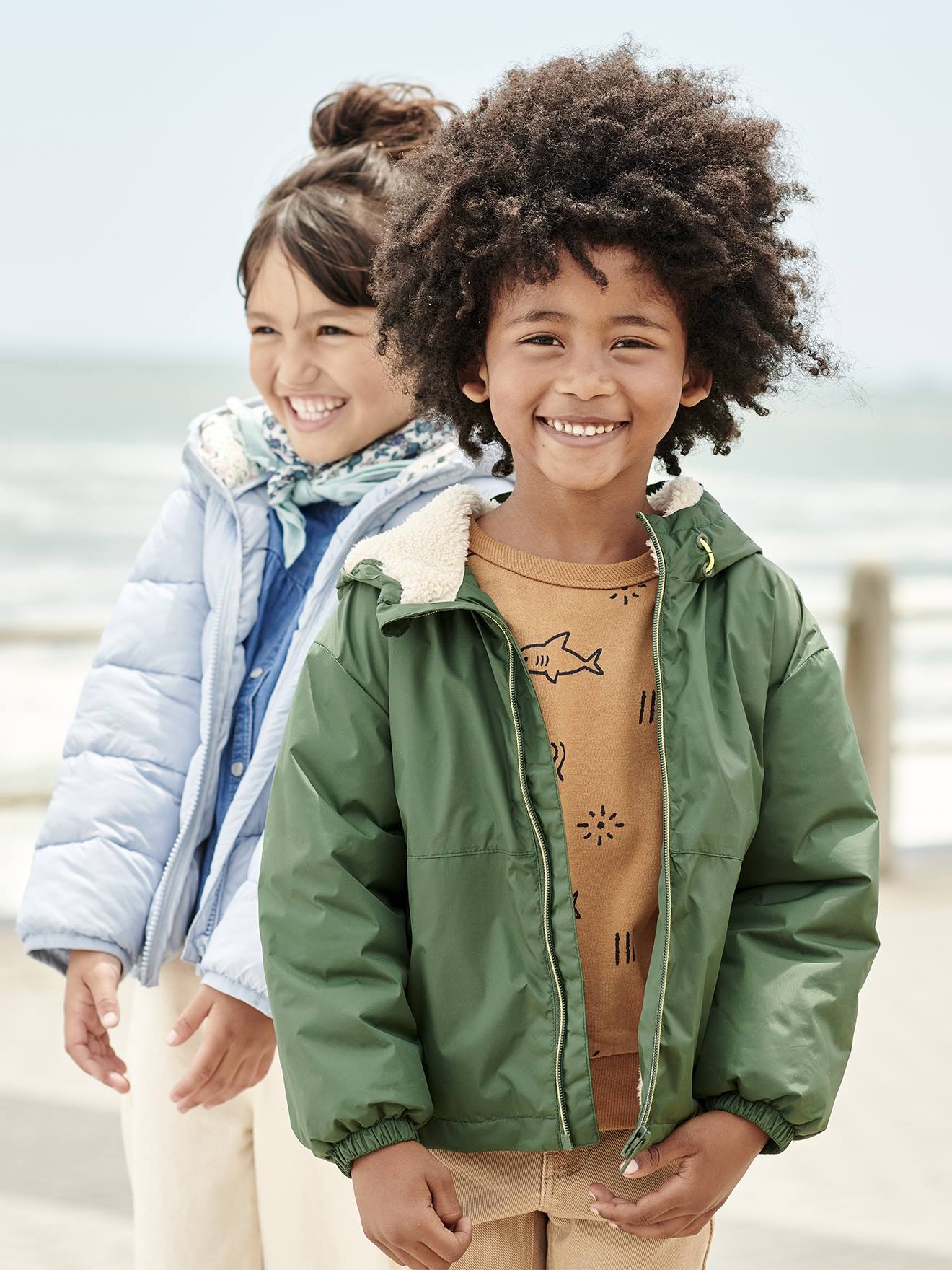 Windcheater with Sherpa Lined Hood for Boys khaki Boys Vertbaudet