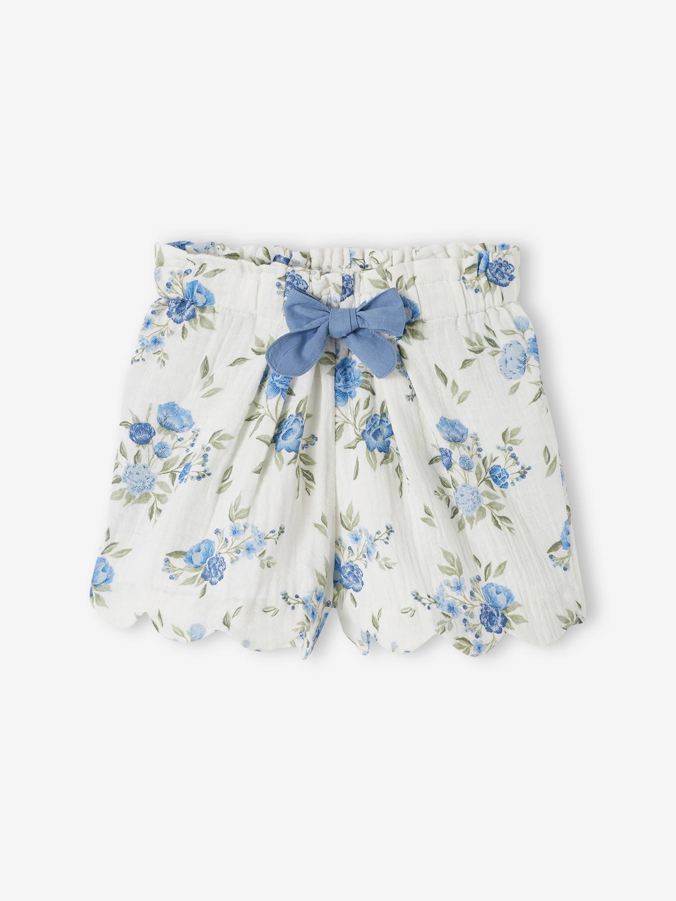 Shorts in Cotton Gauze with Scalloped Trim for Girls printed blue