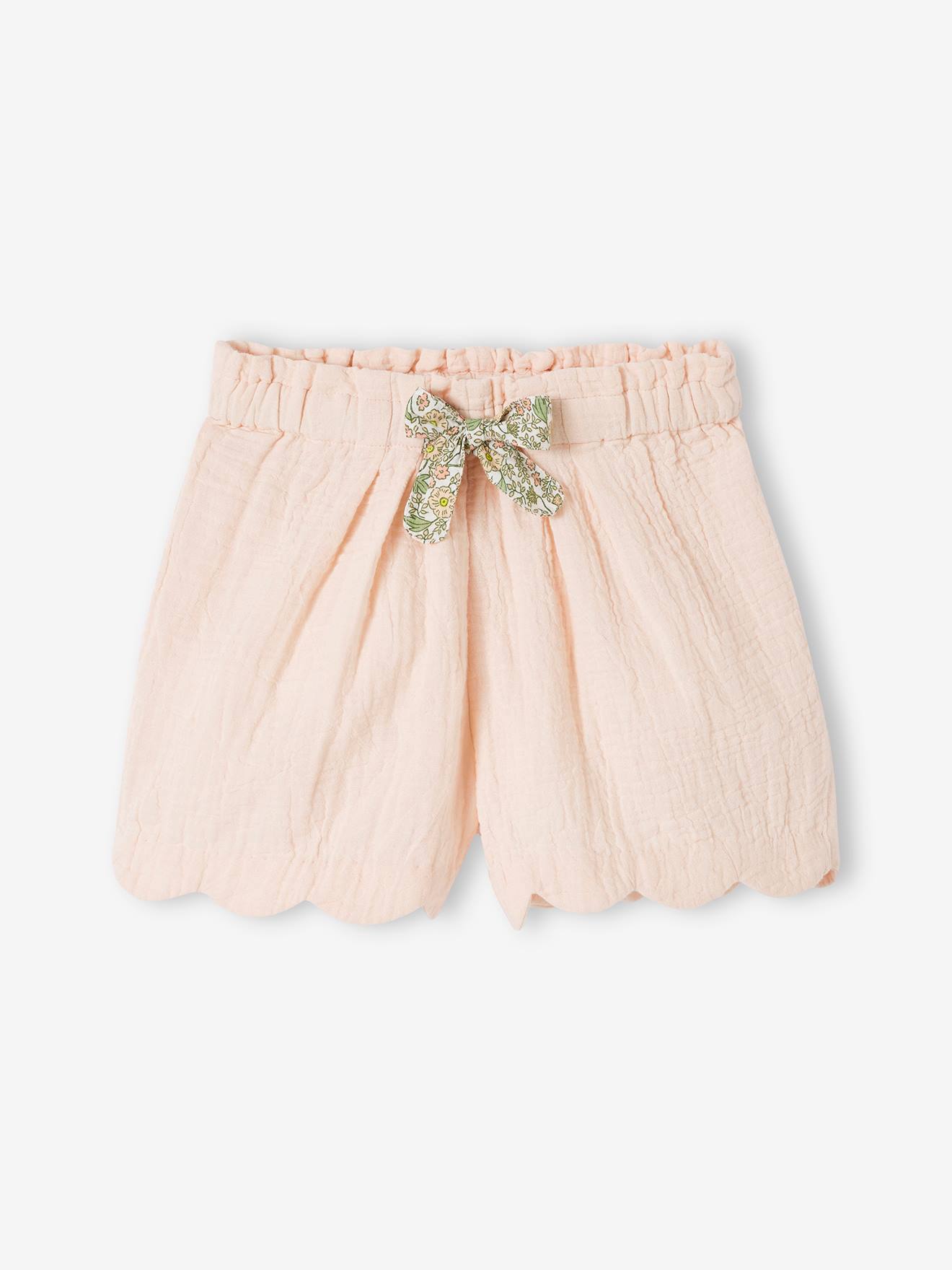 Shorts in Cotton Gauze with Scalloped Trim