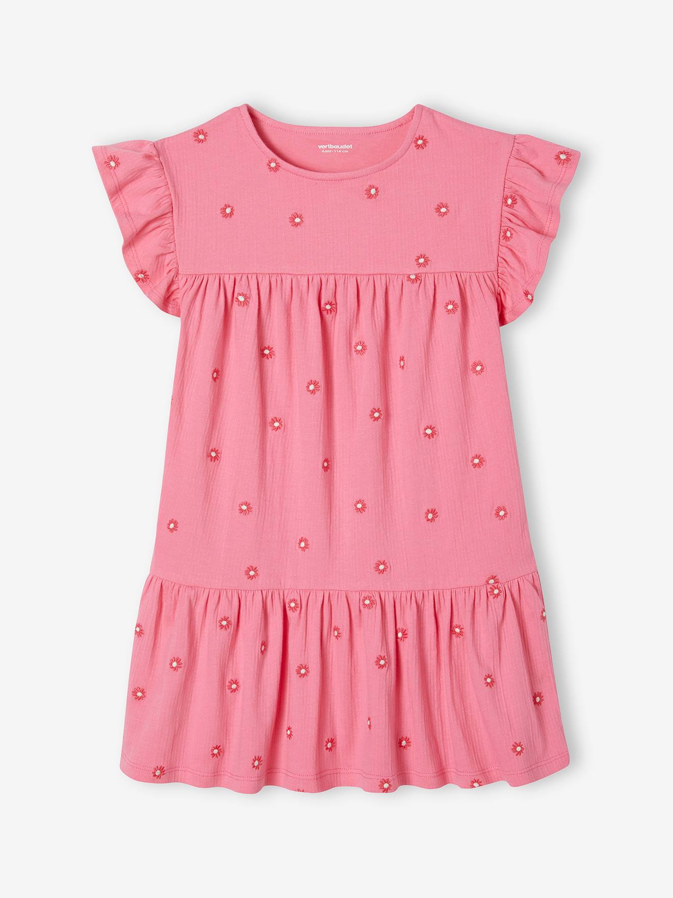 Crinkled Knit Dress with Embroidered Flowers