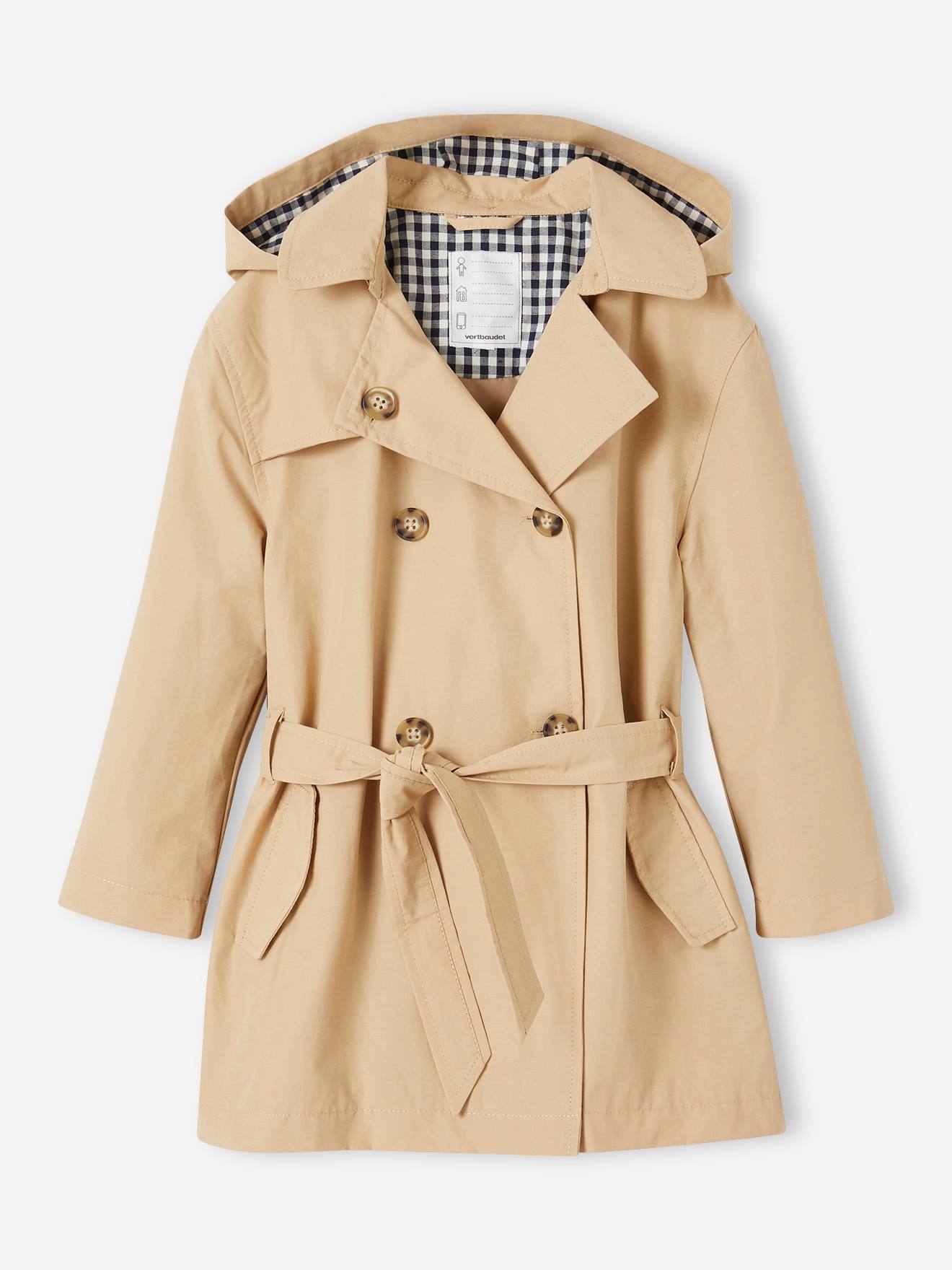 Trench Coat with Removable Hood for Girls beige