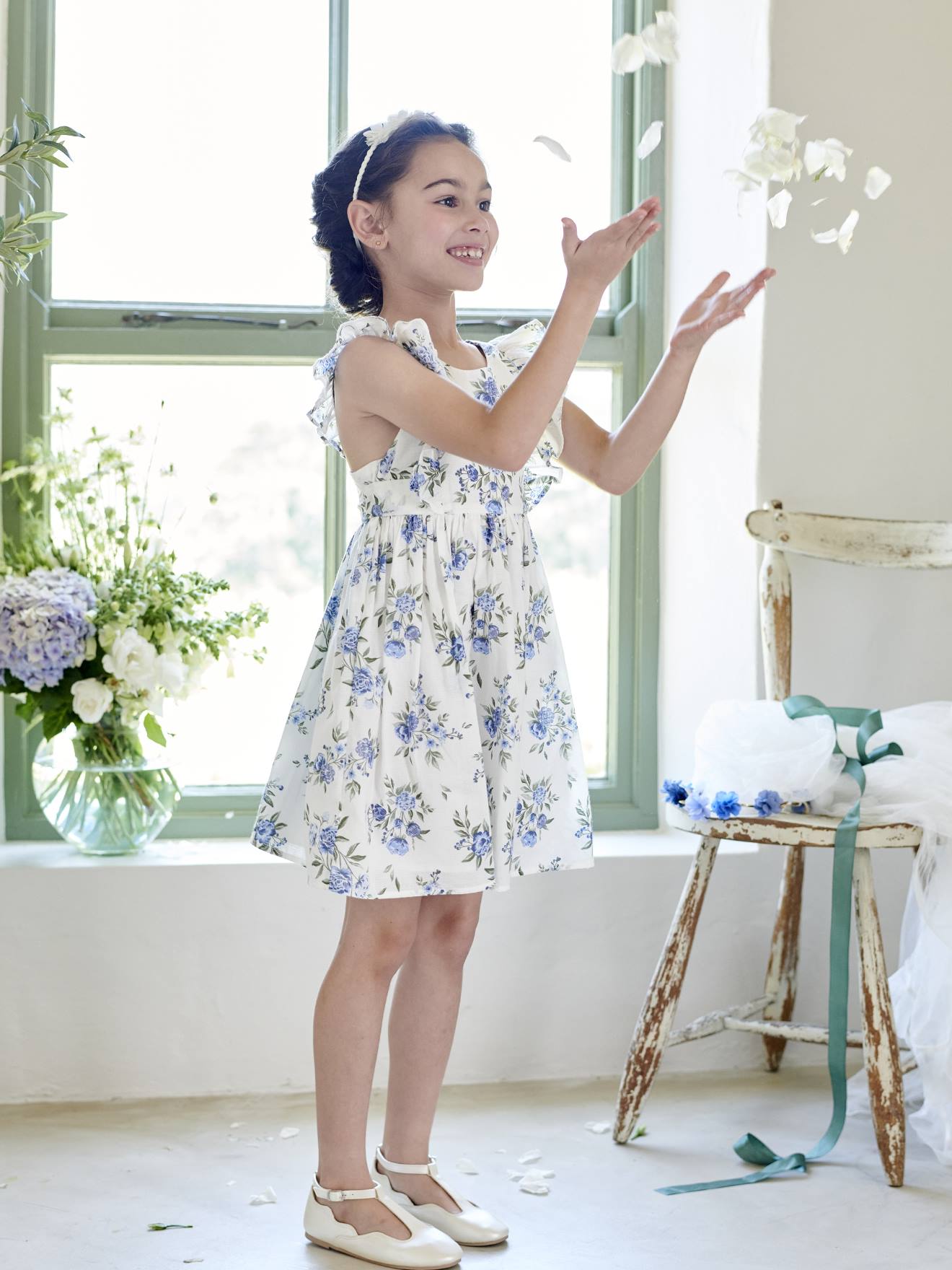 Frilly Occasion Wear Dress with Flower Motifs for Girls printed blue