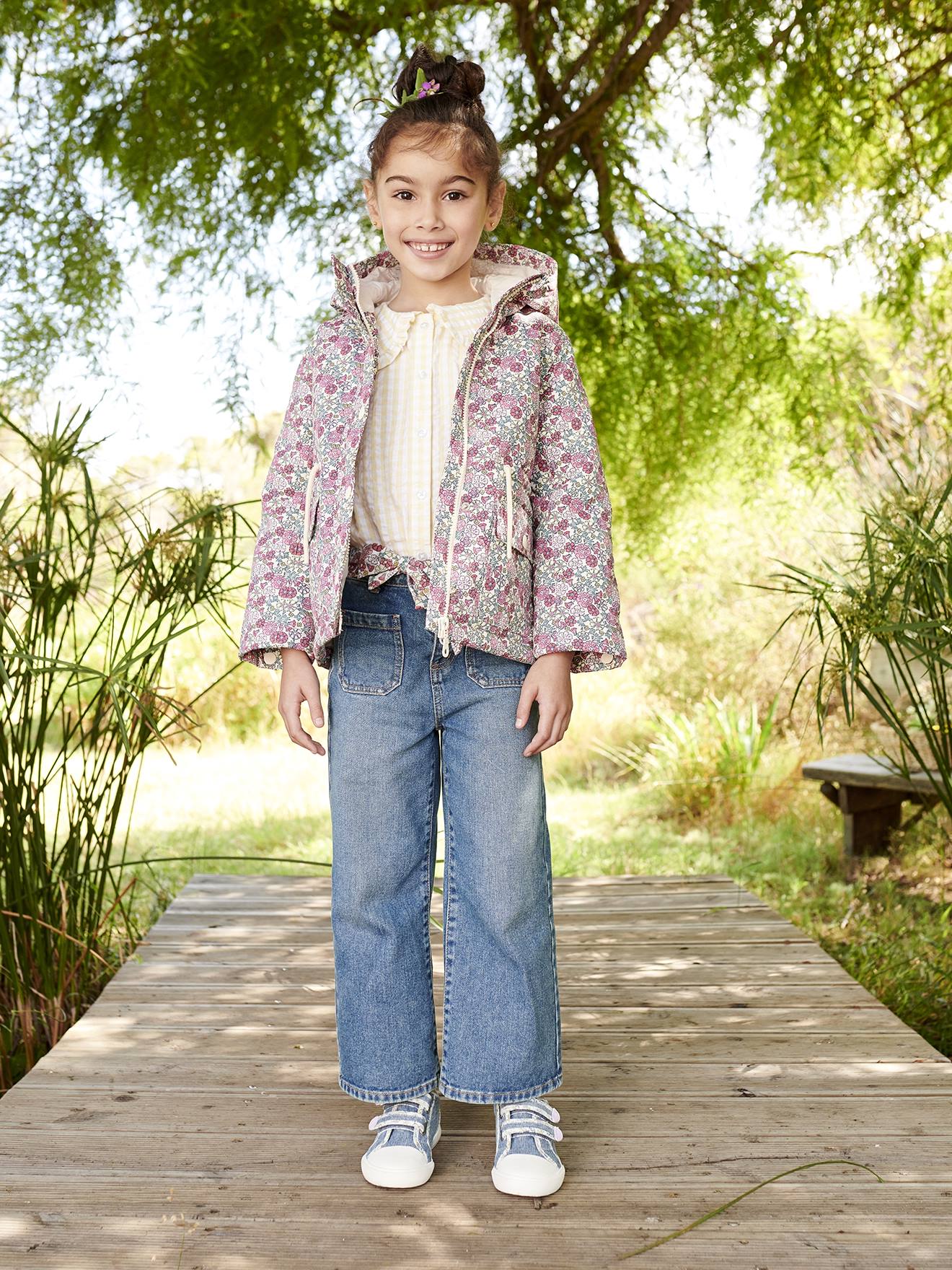 Short Hooded Parka with Flower Motifs