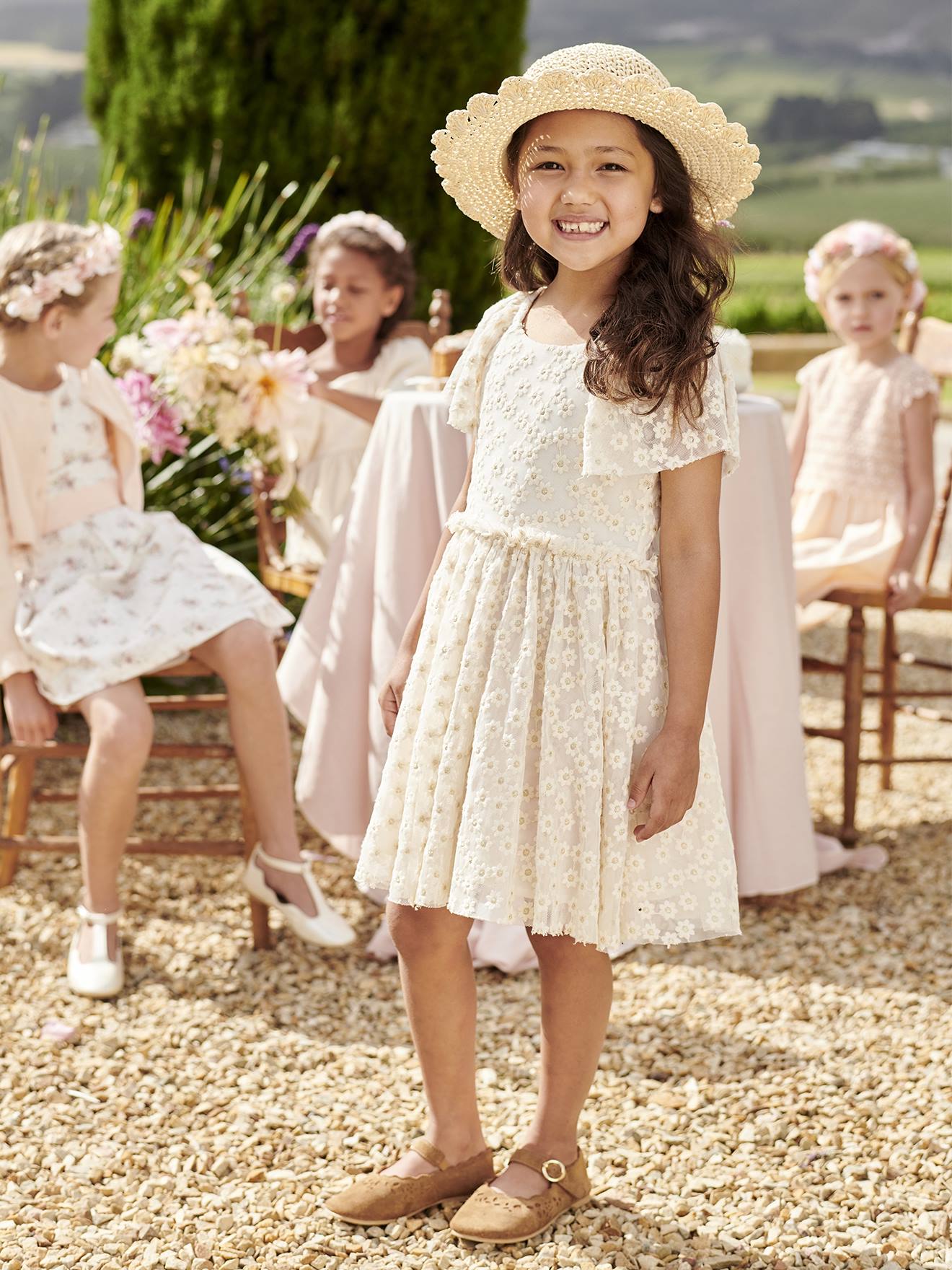 Occasion Wear Dress in Tulle with Embroidered Flowers for Girls vanilla