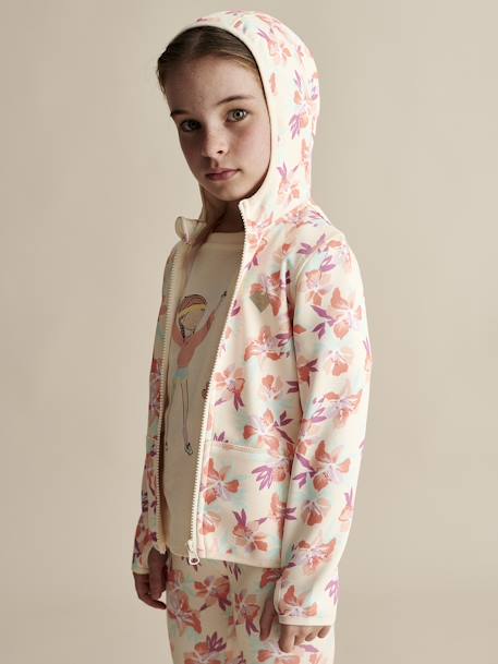 Sports Sweatshirt with Flower Print in Techno Fabric for Girls ecru+multicoloured+printed green 