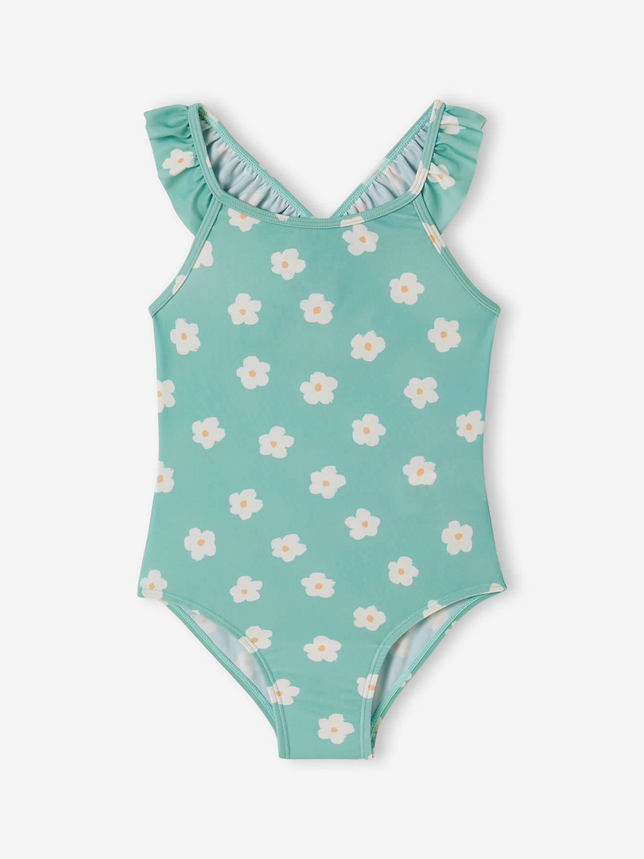 Floral Print Swimsuit for Girls aqua green