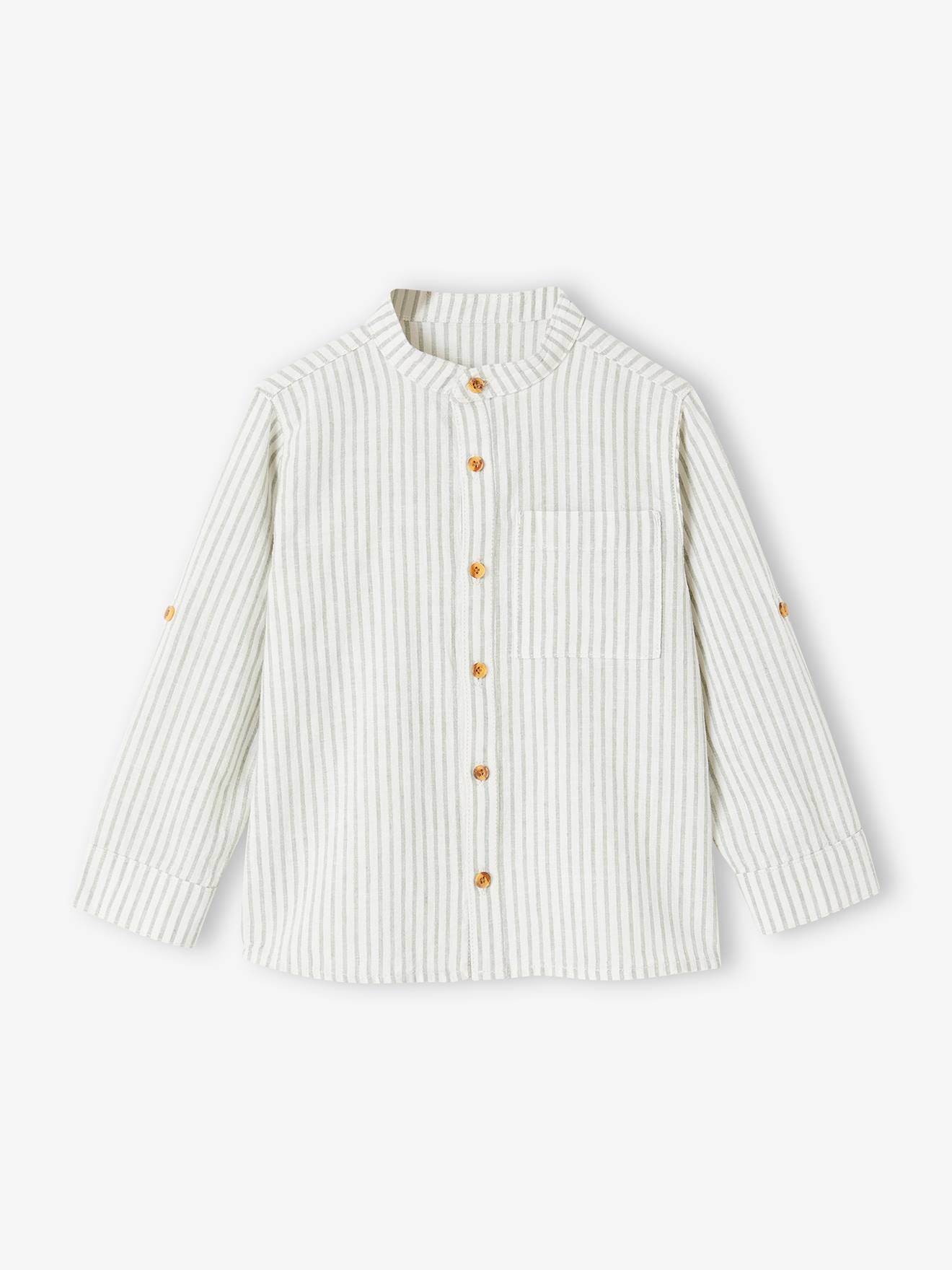 Striped Shirt with Mandarin Collar & Roll-Up Sleeves in Cotton Linen