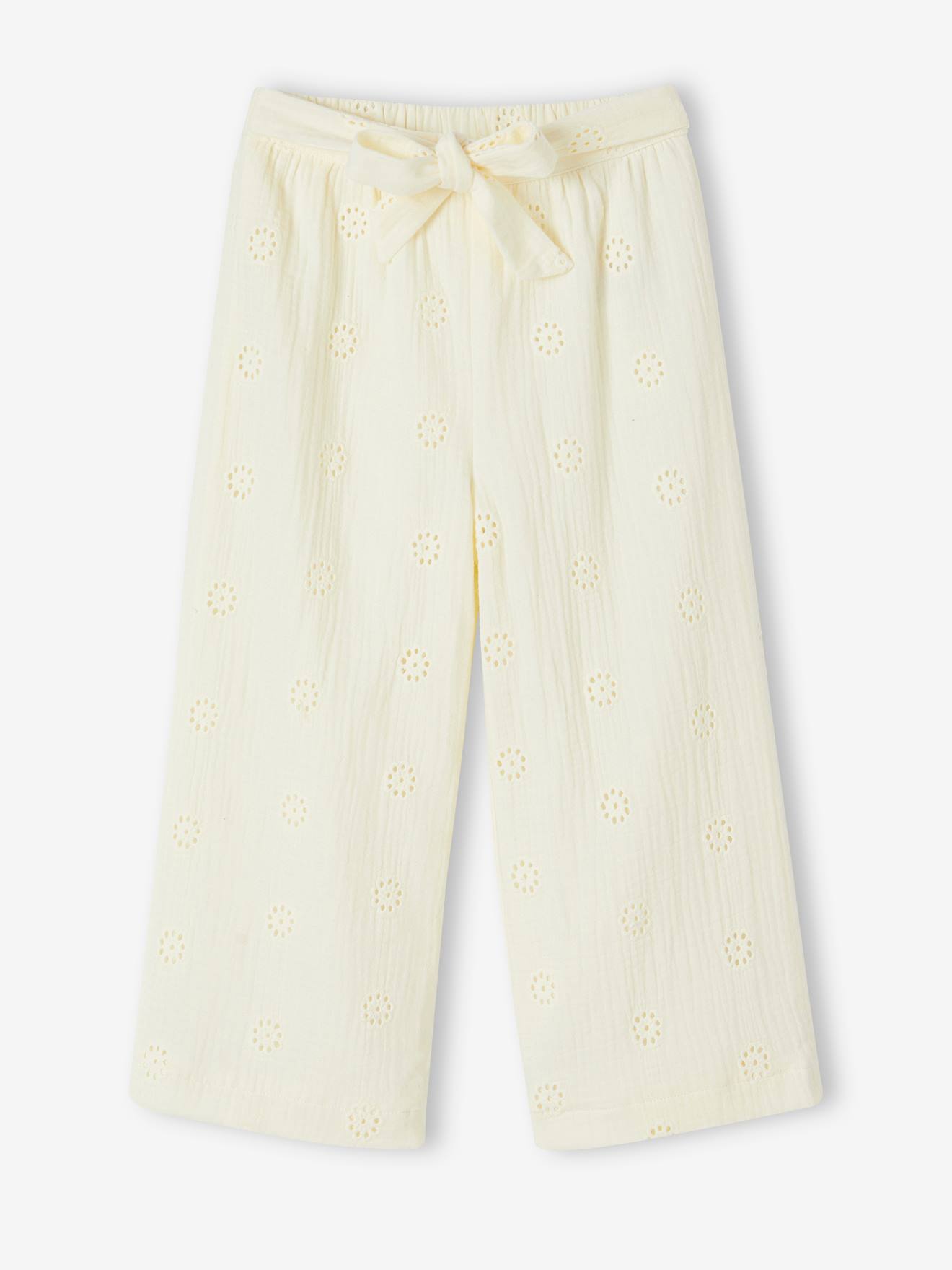 Wide-Leg Cotton Gauze Trousers with Embroidered Flowers