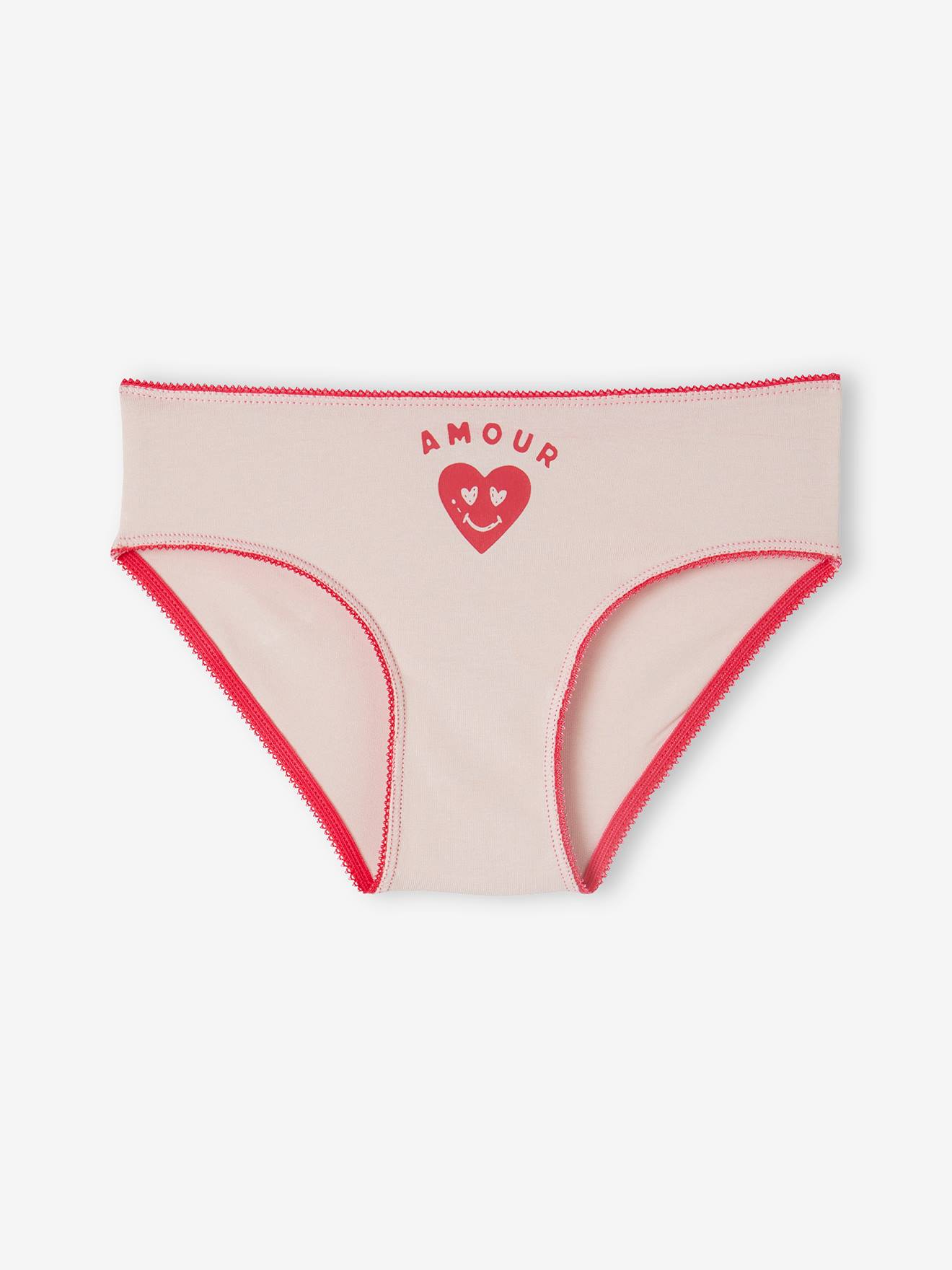 Pack of 5 Briefs in Organic Cotton, Hearts & Unicorns, for Girls - rose