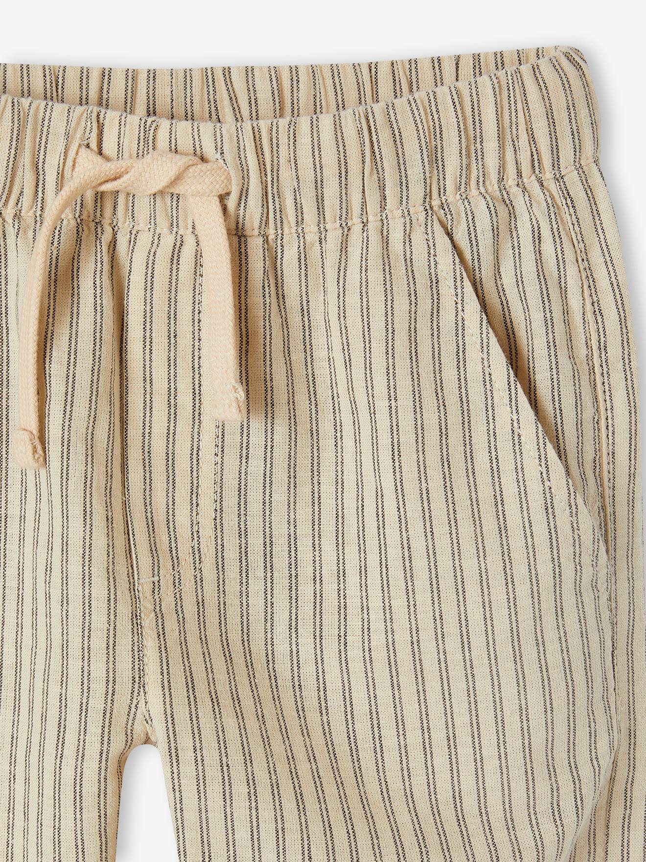 Striped Trousers Loose Cut in Cotton Linen for Boys striped beige Boys Vertbaudet