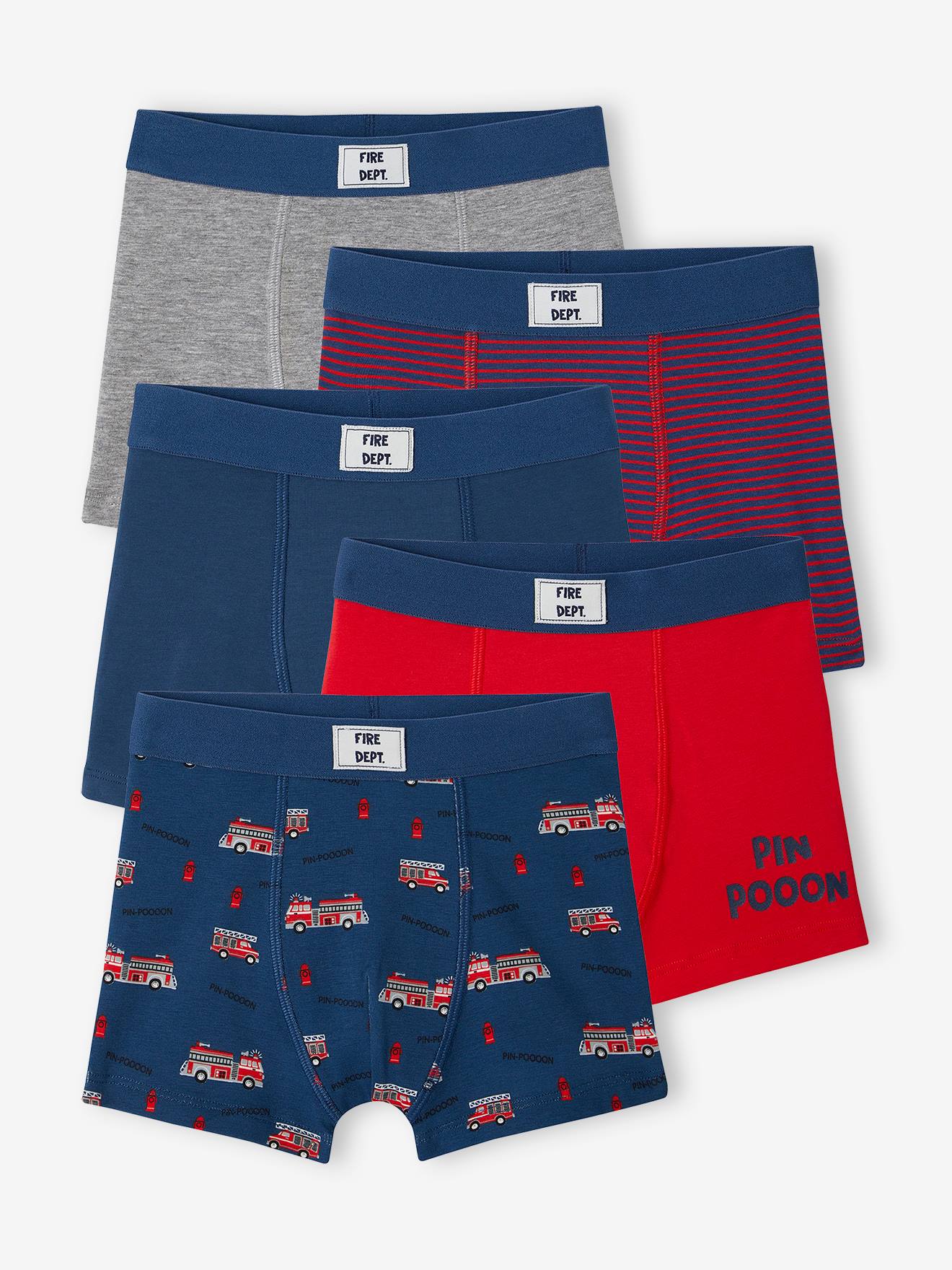 Pack of 5 "Firefighter" Stretch Boxers in Organic Cotton for Boys ocean blue