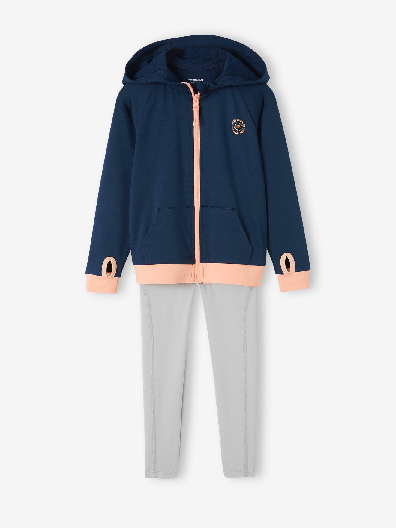 Sports Combo, Zipped Jacket & Leggings in Techno Fabric, for Girls navy blue