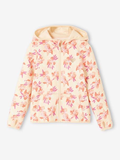 Sports Sweatshirt with Flower Print in Techno Fabric for Girls ecru+multicoloured+printed green 